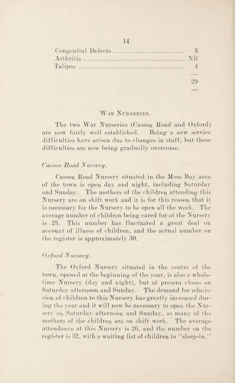 Congenital Defects . 3 Arthritis . Ail Talipes . 4 29 War Nurseries. The two War Nurseries (Casson lioacl and Oxford) are now fairly well established. Beings a new service difficulties have arisen due to changes in staff, but these difficulties are now being gradually overcome. Casson Road Nursery. Casson Boad Nursery situated in the Moss Bay area of the town is open day and night, including Saturday and Sundav. The mothers of' the children attending this Nursery are, on shift work and it is for this reason that it is necessary for the Nursery to be open all the week. The average number of children being cared for at the Nursery is 23. This number has fluctuated a great deal on account of illness of children, and the actual number on the register is approximately 30. Oxford Nursery. The Oxford Nursery situated in the centre of the town, opened at the beginning of the year, is also a whole- time Nursery (day and night), but at present closes on Saturday afternoon and Sunday. The demand for admis¬ sion of children to this Nursery has greatly increased dur¬ ing the year and it will now be necessary to open the Nur¬ sery on Saturday afternoon and Sunday, as many of the mothers of the children are on shift work. The average attendance at this Nursery is 26, and the number on the register is 32, with a waiting list of children to “sleep-in.”