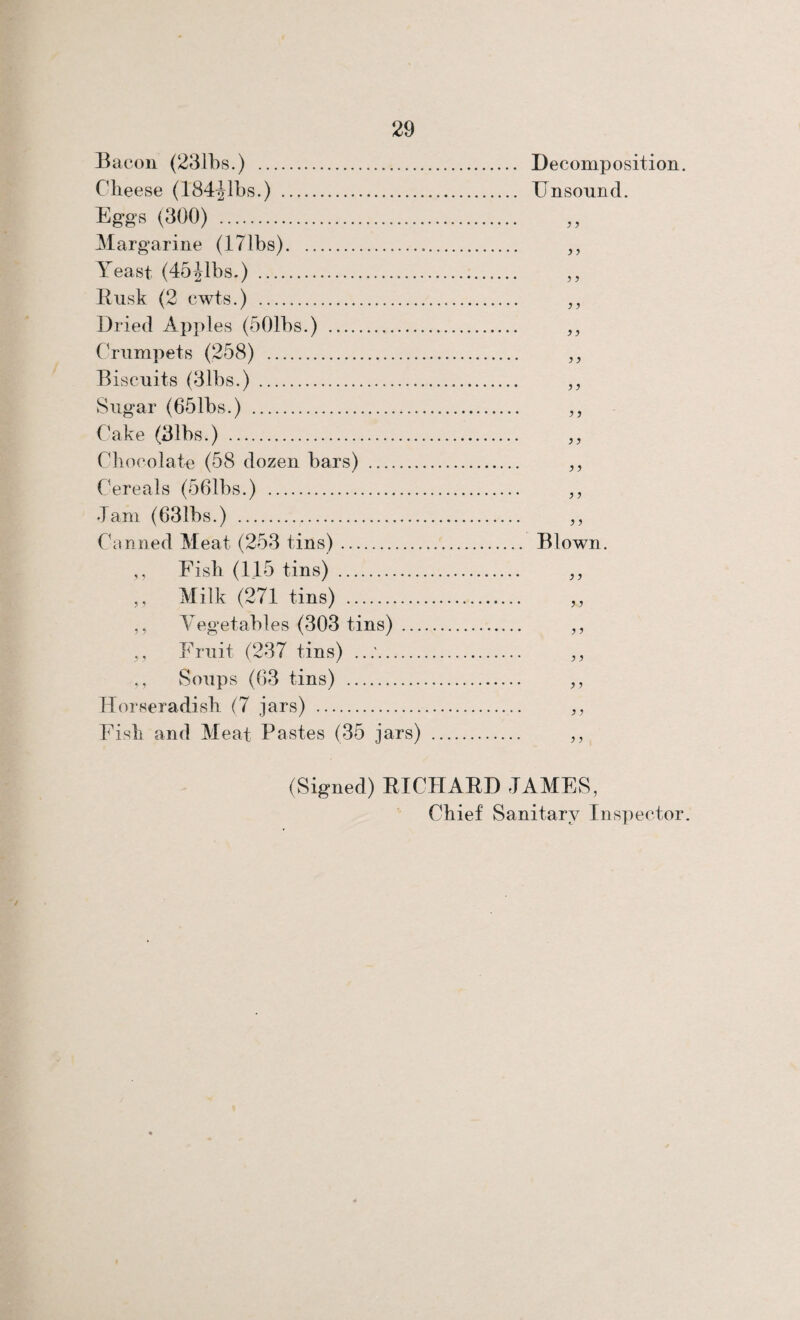 Decomposition. Unsound. Bacon (231bs.) . Cheese (184Jlbs.) . Eggs (300) . Margarine (17 lbs). Yeast (45Jibs.) . Rusk (2 cwts.) . Dried Apples (501bs.) .... Crumpets (258) . Biscuits (31bs.) . Sugar (651bs.) . Cake (31bs.) . Chocolate (58 dozen bars) Cereals (561bs.) . Jam (631bs.) . Canned Meat (253 tins). Blown. ,, Fish (115 tins) . ,, „ Milk (271 tins) . ,, Vegetables (303 tins) . ,, Fruit (237 tins) ..:. ,, Soups (G3 tins) . ,, Horseradish (7 jars) . ,, Fish and Meat Pastes (35 jars) . ,, (Signed) RICHARD JAMES, Chief Sanitary Inspector.
