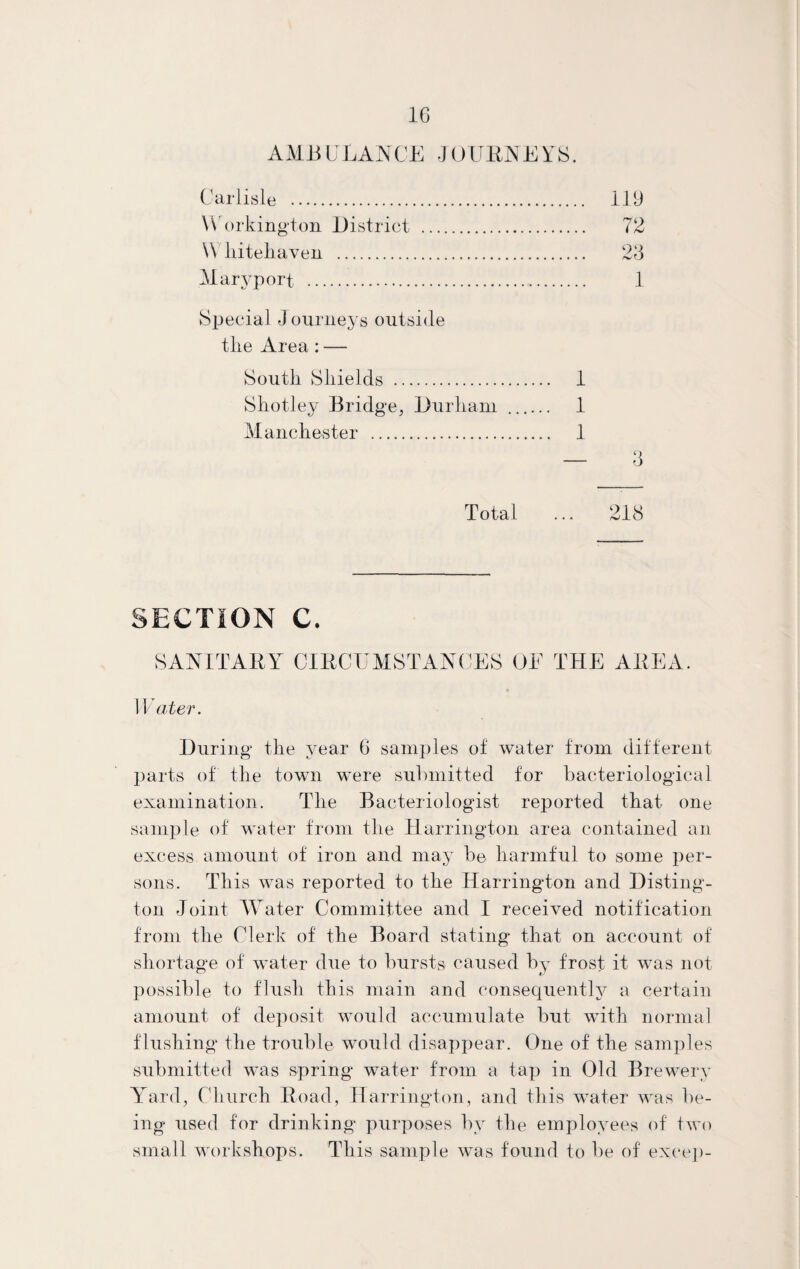 AMBULANCE JOURNEYS. Carlisle . ill! Workington District . 72 \\ liiteliaven . 26 Mary port . 1 Special Journeys outside tlie Area : — South Shields . 1 Shotley Bridge, Durham . 1 Manchester . 1 Total ... 218 SECTION C. SANITARY CIRCUMSTANCES OE THE AREA. Water. During the year 6 samples of water from different parts of the town were submitted for bacteriological examination. The Bacteriologist reported that one sample of water from the Harrington area contained an excess amount of iron and may be harmful to some per¬ sons. This was reported to the Harrington and Disting- ton Joint Water Committee and I received notification from the Clerk of the Board stating that on account of shortage of water due to bursts caused by frost it was not possible to flush this main and consequently a certain amount of deposit would accumulate but with normal flushing the trouble would disappear. One of the samples submitted was spring water from a tap in Old Brewery Yard, Church Road, Harrington, and this water was be¬ ing used for drinking purposes by the employees of two small workshops. This sample was found to be of excep-