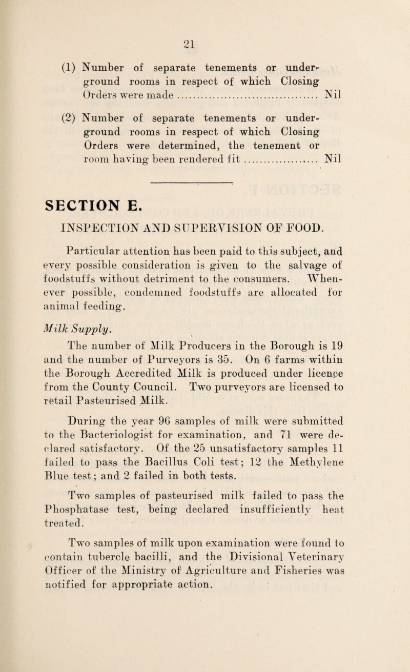 (1) Number of separate tenements or under¬ ground rooms in respect of which Closing Orders were made. Nil (2) Number of separate tenements or under¬ ground rooms in respect of which Closing Orders were determined, the tenement or room having been rendered fit. Nil SECTION E. INSPECTION AND SUPERVISION OF FOOD. Particular attention has been paid to this subject, and every possible consideration is given to the salvage of foodstuffs without detriment to the consumers. When¬ ever possible, condemned foodstuffs are allocated for animal feeding. Milk Supply. The number of Milk Producers in the Borough is 19 and the number of Purveyors is 35. On 6 farms within the Borough Accredited Milk is produced under licence from the County Council. Two purveyors are licensed to retail Pasteurised Milk. During the year 96 samples of milk were submitted to the Bacteriologist for examination, and 71 were de¬ clared satisfactory. Of the 25 unsatisfactory samples 11 failed to pass the Bacillus Coli test; 12 the Methylene Blue test; and 2 failed in both tests. Two samples of pasteurised milk failed to pass the Phosphatase test, being declared insufficiently heat treated. Two samples of milk upon examination were found to contain tubercle bacilli, and the Divisional Yeterinary Officer of the Ministry of Agriculture and Fisheries was notified for appropriate action.