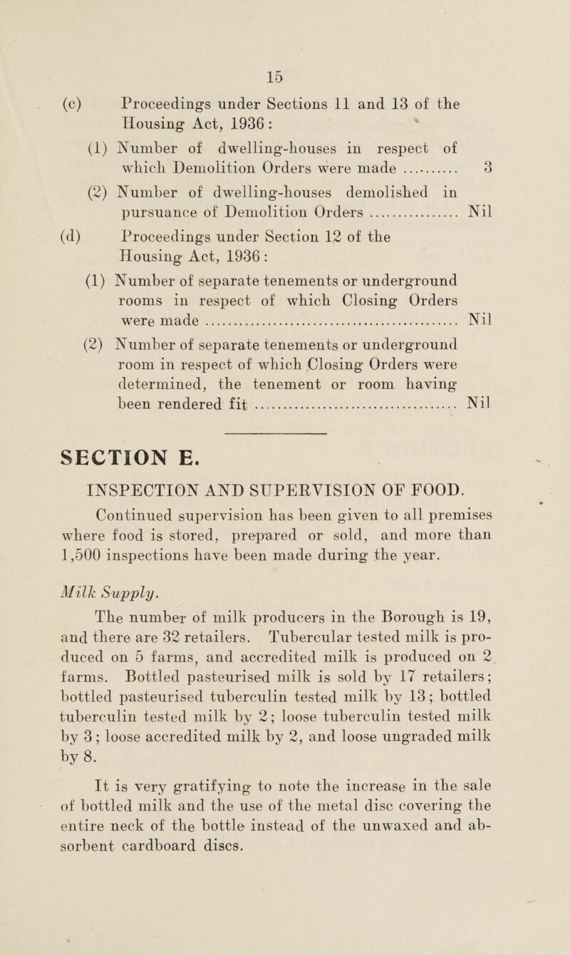 (c) Proceedings under Sections 11 and 13 of the Housing Act, 1936 : (1) Number of dwelling-houses in respect of which Demolition Orders were made . 3 (2) Number of dwnlling-houses demolished in pursuance of Demolition Orders . Nil (d) Proceedings under Section 12 of the Housing Act, 1936: (1) Number of separate tenements or underground rooms in respect of which Closing Orders were made . Nil (2) Number of separate tenements or underground room in respect of which Closing Orders were determined, the tenement or room having been rendered fit . Nil SECTION E. INSPECTION AND SUPERVISION OF FOOD. Continued supervision has been given to all premises where food is stored, prepared or sold, and more than 1,500 inspections have been made during the year. Milk Supply. The number of milk producers in the Borough is 19, and there are 32 retailers. Tubercular tested milk is pro¬ duced on 5 farms, and accredited milk is produced on 2 farms. Bottled pasteurised milk is sold by 17 retailers; bottled pasteurised tuberculin tested milk by 13; bottled tuberculin tested milk by 2; loose tuberculin tested milk by 3; loose accredited milk by 2, and loose ungraded milk by 8. It is very gratifying to note the increase in the sale of bottled milk and the use of the metal disc covering the entire neck of the bottle instead of the unwaxed and ab¬ sorbent cardboard discs.