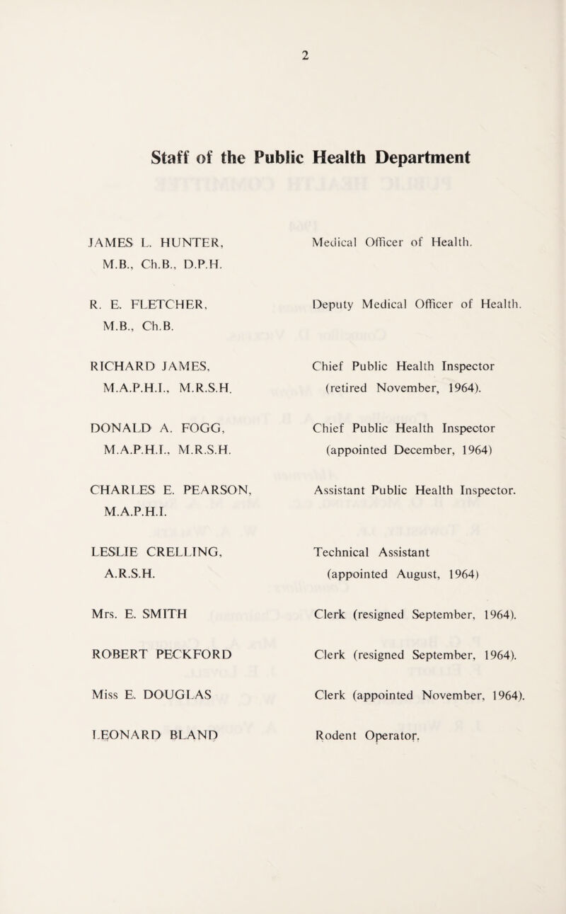 Staff of the Public Health Department JAMES L. HUNTER, Medical OHicer of Health. M.B., Ch.B., D.P.H. R. E. FLETCHER, Deputy Medical Officer of Health. M.B., Ch.B. RICHARD JAMES, Chief Public Health Inspector M.A.P.H.I., M.R.S.H. (retired November, 1964). DONALD A. FOGG, Chief Public Health Inspector M.A.P.H.T., M.R.S.H. (appointed December, 1964) CHARLES E. PEARSON, Assistant Public Health Inspector. M.A.P.H.I. LESLIE CREELING, Technical Assistant A.R.S.H. (appointed August, 1964) Mrs. E. SMITH Clerk (resigned September, 1964). ROBERT PECKFORD Clerk (resigned September, 1964). Miss E. DOUGLAS Clerk (appointed November, 1964). LEONARD BLAND Rodent Operator.