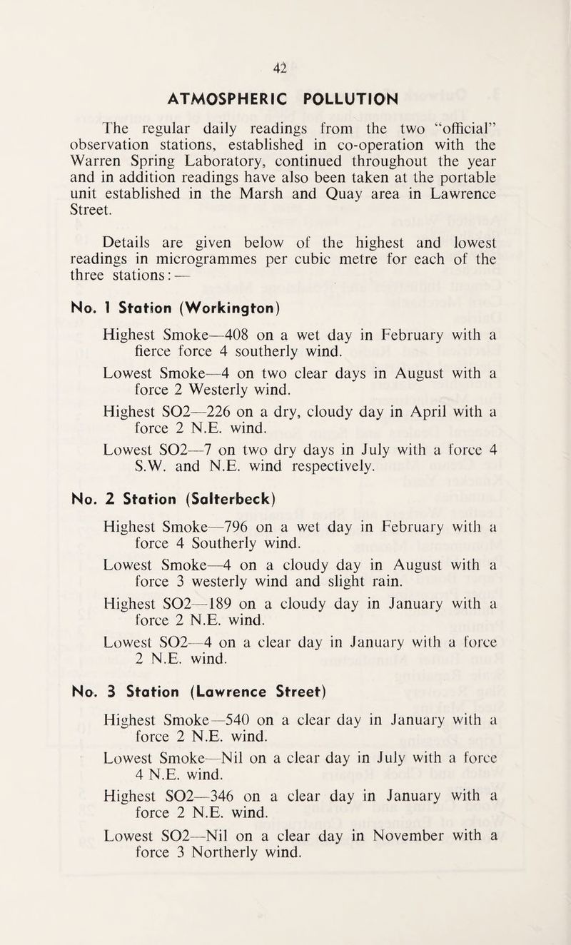 M ATMOSPHERIC POLLUTION The regular daily readings from the two “official” observation stations, established in co-operation with the Warren Spring Laboratory, continued throughout the year and in addition readings have also been taken at the portable unit established in the Marsh and Quay area in Lawrence Street. Details are given below of the highest and lowest readings in microgrammes per cubic metre for each of the three stations: — No. 1 Station (Workington) Highest Smoke—408 on a wet day in February with a fierce force 4 southerly wind. Lowest Smoke—4 on two clear days in August with a force 2 Westerly wind. Highest S02—226 on a dry, cloudy day in April with a force 2 N.E. wind. Lowest S02—7 on two dry days in July with a force 4 S.W. and N.E. wind respectively. No. 2 Station (Salterbeck) Highest Smoke—796 on a wet day in February with a force 4 Southerly wind. Lowest Smoke—4 on a cloudy day in August with a force 3 westerly wind and slight rain. Highest S02—189 on a cloudy day in January with a force 2 N.E. wind. Lowest S02—4 on a clear day in January with a force 2 N.E. wind. No. S Station (Lawrence Street) Highest Smoke—540 on a clear day in January with a force 2 N.E. wind. Lowest Smoke—Nil on a clear day in July with a force 4 N.E. wind. Highest SQ2—346 on a clear day in January with a force 2 N.E. wind. Lowest S02—Nil on a clear day in November with a