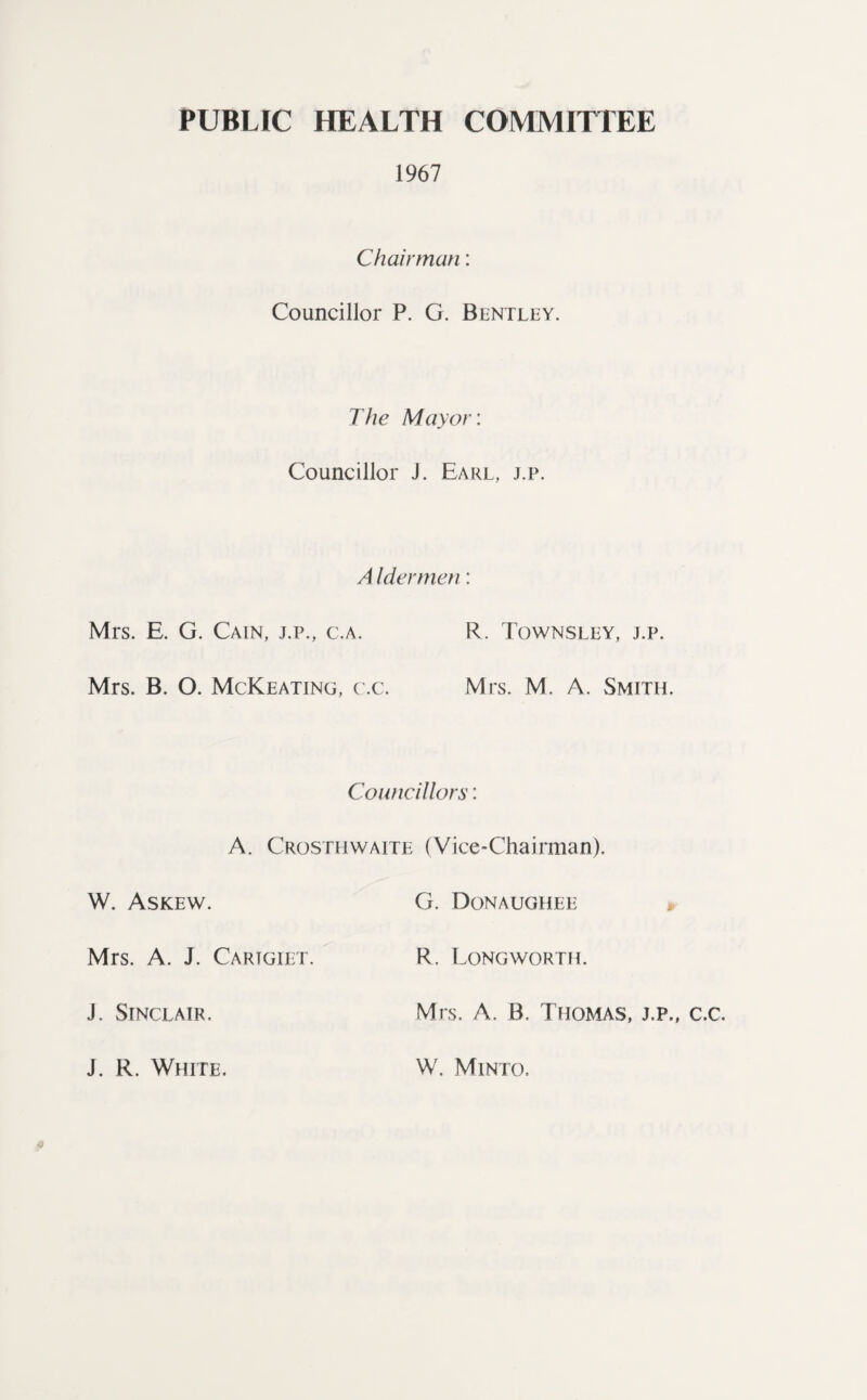 PUBLIC HEALTH COMMITTEE 1967 Chairman: Councillor P. G. Bentley. The Mayor: Councillor J. Earl, j.p. A Idermen: Mrs. E. G. Cain, j.p., c.a. R. Townsley, j.p. Mrs. B. O. McKeating, c.c. Mrs. M. A. Smith. Councillors: A. Crosthwaite (Vice-Chairman). W. Askew. G. Donaughee Mrs. A. J. Cartgiet. R. Longworth. J. Sinclair. Mrs. A. B. Thomas, j.p., c.c. J. R. White. W. Minto.