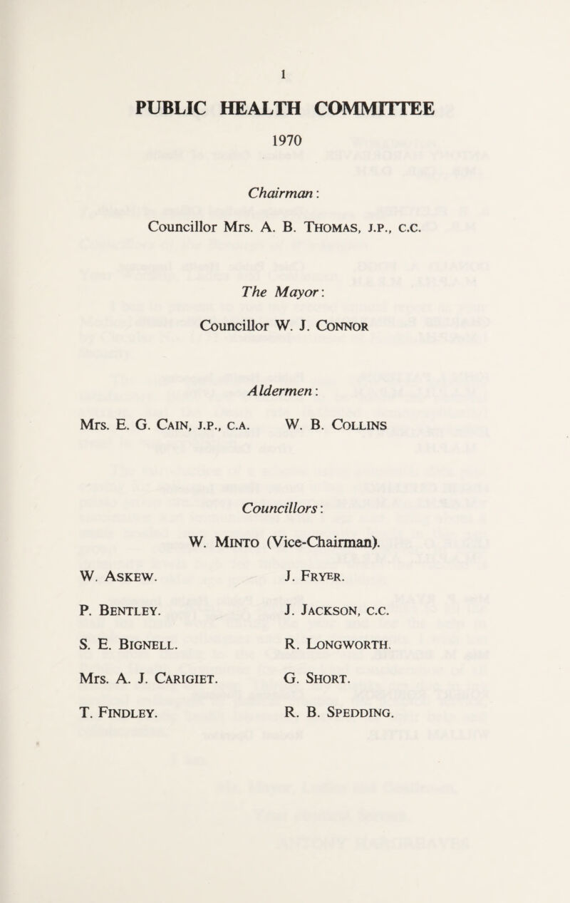 PUBLIC HEALTH COMMITTEE 1970 Chairman: Councillor Mrs. A. B. Thomas, j.p., c.c. The Mayor: Councillor W. J. Connor Aldermen: Mrs. E. G. Cain, j.p., c.a. W. B. Collins Councillors W. Askew. P. Bentley. S. E. Bignell. W. Minto (Vice-Chairman). J. Fryer. J. Jackson, c.c. R. Long worth. Mrs. A. J. Carigiet. G. Short. T. Findley. R. B. Spedding.