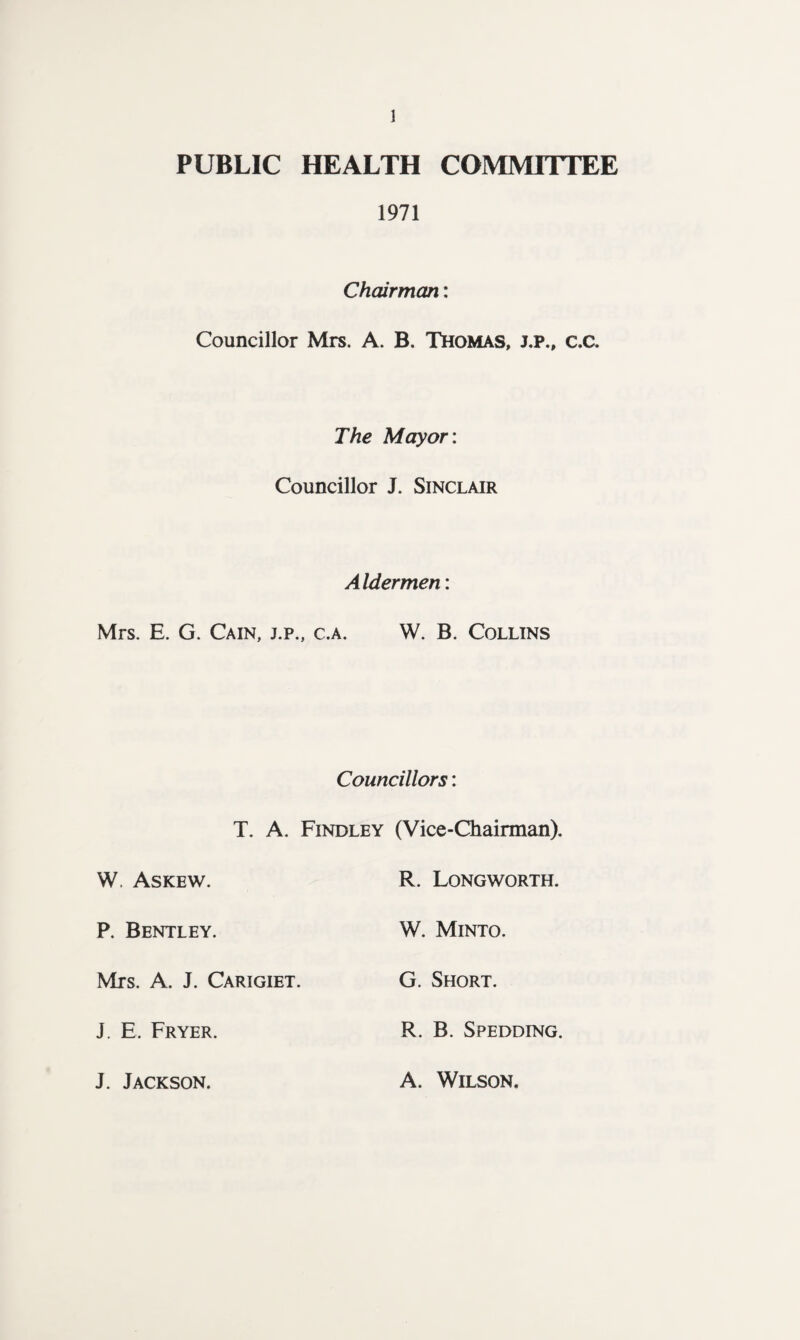 PUBLIC HEALTH COMMITTEE 1971 Chairman: Councillor Mrs. A. B. Thomas, j.p., c.c. The Mayor: Councillor J. Sinclair Aldermen: Mrs. E. G. Cain, j.p., c.a. W. B. Collins Councillors: T. A. Findley (Vice-Chairman). W. Askew. R. Longworth. P. Bentley. W. Minto. Mrs. A. J. Carigiet. G. Short. J. E. Fryer. R. B. Spedding. J. Jackson. A. Wilson.