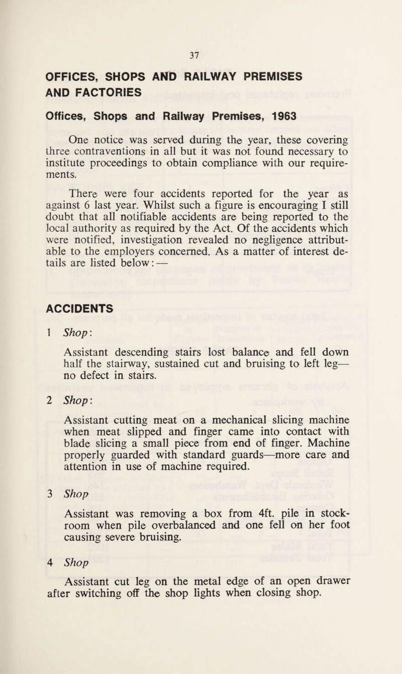 OFFICES, SHOPS AND RAILWAY PREMISES AND FACTORIES Offices, Shops and Railway Premises, 1963 One notice was served during the year, these covering three contraventions in all but it was not found necessary to institute proceedings to obtain compliance with our require¬ ments. There were four accidents reported for the year as against 6 last year. Whilst such a figure is encouraging I still doubt that all notifiable accidents are being reported to the local authority as required by the Act. Of the accidents which were notified, investigation revealed no negligence attribut¬ able to the employers concerned. As a matter of interest de¬ tails are listed below: — ACCIDENTS 1 Shop: Assistant descending stairs lost balance and fell down half the stairway, sustained cut and bruising to left leg— no defect in stairs. 2 Shop: Assistant cutting meat on a mechanical slicing machine when meat slipped and finger came into contact with blade slicing a small piece from end of finger. Machine properly guarded with standard guards—more care and attention in use of machine required. 3 Shop Assistant was removing a box from 4ft. pile in stock- room when pile overbalanced and one fell on her foot causing severe bruising. 4 Shop Assistant cut leg on the metal edge of an open drawer after switching off the shop lights when closing shop.