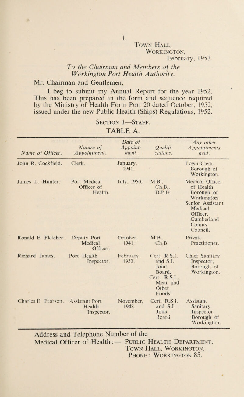 Town Hall, Workington, February, 1953. To the Chairman and Members of the Workington Port Health Authority. Mr. Chairman and Gentlemen, I beg to submit my Annual Report for the year 1952. This has been prepared in the form and sequence required by the Ministry of Health Form Port 20 dated October, 1952, issued under the new Public Health (Ships) Regulations, 1952. Section 1—Staff. TABLE A. Name of Officer. Nature of Appointment. Date of Appoint¬ ment. Qualifi¬ cations. Any other A pp ointments held. John R. Cockfield. Clerk. January, 1941. Town Clerk, Borough of Workington. James L. Hunter. Port Medical Officer of Health. July, 1950. M.B., Ch.B., D.P.H Medical Officer of Health, Borough of Workington. Senior Assistant Medical Officer, Cumberland County Council. Ronald E. Fletcher. Deputy Port Medical Officer. October, 1941. MB., Ch.B Private Practitioner. Richard James. Port Health Inspector. February, 1933. Cert. R.S.l. and S.I. Joint Board. Cert. R.S.L, Meat and Other Foods. Chief Sanitary Inspector, Borough of Workington. Charles E. Pearson. Assistant Port Health Inspector. November, 1948. Cert. R.S.l. and S.T. Joint Board Assistant Sanitary Inspector, Borough of Workington. Address and Telephone Number of the Medical Officer of Health: — Public Health Department, Town Hall, Workington, Phone: Workington 85.