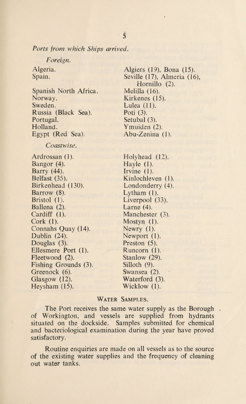 Ports from which Ships arrived. Foreign. Algeria. Algiers (19), Bona (15). Spain. Seville (17), Almeria (16), Hornillo (2). Spanish North Africa. Melilla (16). Norway. Kirkenes (15). Sweden. Lulea (11). Russia (Black Sea). Poti (3). Portugal. Setubal (3). Holland. Ymuiden (2). Egypt (R(jd Sea). Abu-Zenina (1). Coastwise. Ardrossan (1). Holyhead (12). Bangor (4). Hayle (1). Barry (44). Irvine (1). Belfast (35). Kinlochleven (1). Birkenhead (130). Londonderry (4). Barrow (8). Lytham (1). Bristol (1). Liverpool (33). Ballena (2). Larne (4). Cardiff (1). Manchester (3). Cork (1). Mostyn (1). Connahs Quay (14). Newry (1). Dublin (24). Newport (1). Douglas (3). Preston (5). Ellesmere Port (1). Runcorn (1). Fleetwood (2). Stanlow (29). Fishing Grounds (3). Silloth (9). Greenock (6). Swansea (2). Glasgow (12). Waterford (3). Heysham (15). Wicklow (1). Water Samples. The Port receives the same water supply as the Borough of Workington, and vessels are supplied from hydrants situated on the dockside. Samples submitted for chemical and bacteriological examination during the year have proved satisfactory. Routine enquiries are made on all vessels as to the source of the exi:5ting water supplies and the frequency of cleaning out water tanks.
