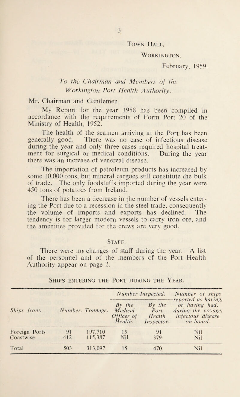Town Hall, Workington, February, 1959. To the Chairman and Members of the Workington Port Health Authority. Mr. Chairman and Gentlemen, My Report for the year 1958 has been compiled in accordance with the requirements of Form Port 20 of the Ministry of Health, 1952. The health of the seamen arriving at the Port has been generally good. There was no case of infectious disease during the year and only three cases required hospital treat¬ ment for surgical or medical conditions. During the year there was an increase of venereal disease. The importation of petroleum products has increased by some 10,000 tons, but mineral cargoes still constitute the bulk of trade. The only foodstuffs imported during the year were 450 tons of potatoes from Ireland. There has been a decrease in the number of vessels enter¬ ing the Port due to a recession in the steel trade, consequently the volume of imports and exports has declined. The tendency is for larger modern vessels to carry iron ore, and the amenities provided for the crews are very good. Staff. There were no- changes of staff during the year. A list of the personnel and of the members of the Port Health Authority appear on page 2. Ships entering the Port during the Year. Number Inspected. Number of ships ————-—. —_—-- -reported as having. By the By the or having had, Ships from. Number. Tonnage. Medical Port during the voyage, Officer of Health infectous disease Health. Inspector. on board. Foreign Ports 91 197,710 15 91 Nil Coastwise 412 115,387 Nil 379 Nil