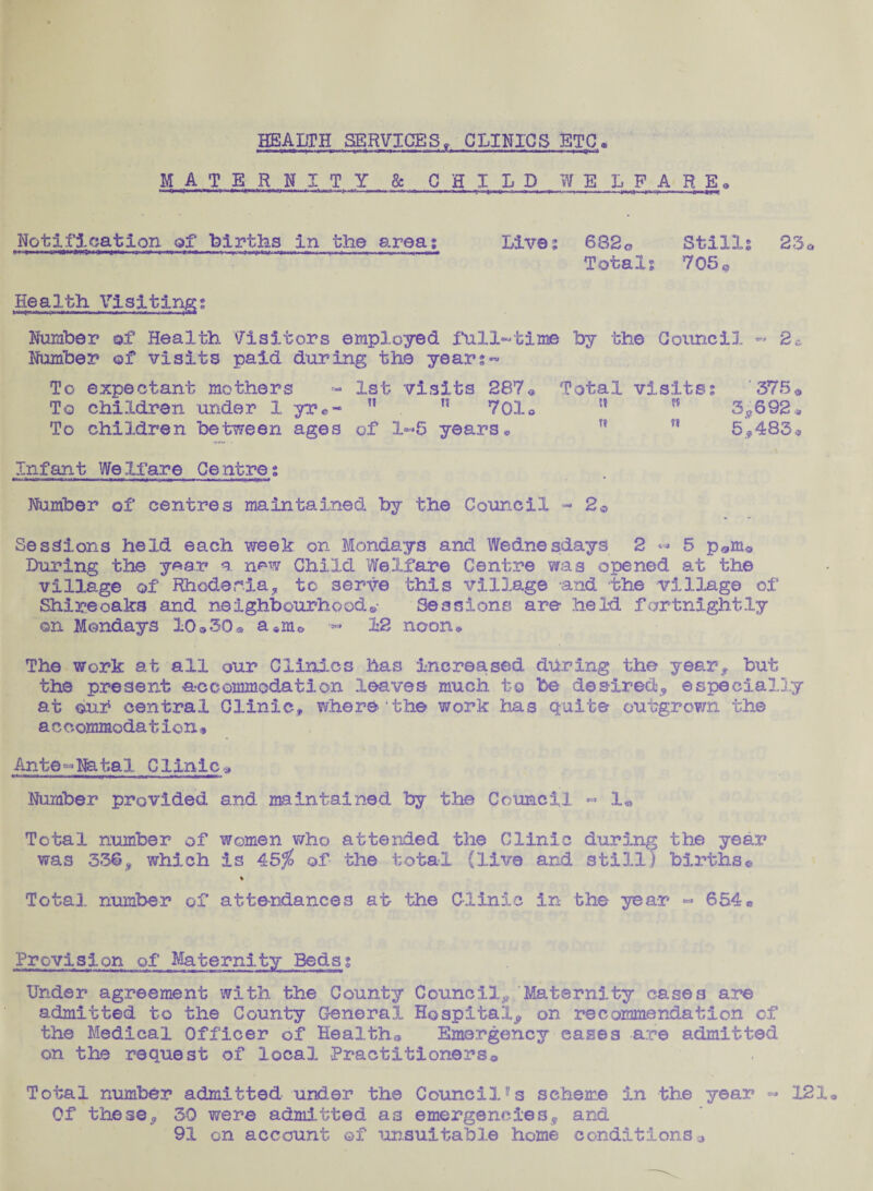 HEALTH SERVICES. CLINICS ETC« MATERNITY & CHILD WELFARE. Notification of “births in the area; Lives 682G Stills 23® Totals 705a Health. Visiting; Number of Health Visitors employed full-time by the Council. - 2® Number of visits paid during the year;- To expectant mothers «- 1st visits 287. Total visits; 375. To children tinder 1 yre- n 701® 5' ?s 3*692* To children between ages of 1-5 years,. ff u 5*483* Infant Welfare Centres Number of centres maintained by the Council - 2© Sessions held each week on Mondays and Wednesdays 2^5 p0m. During the year a. new Child Welfare Centre was opened at the village of Rhoderia, to serve this vxlj.age -and the village of Shire oaks and neighbourhoods,- Sessions are held fortnightly on Mondays 10®30. a .mu •« 12 noon. The work at all our Clinics has increased diiring the year* but the present accommodation leaves much to be desired* especially at oui4 central Clinic* where the work has quite outgrown the accommodation. Ante Natal Clinic. Number provided and maintained by the Council ~ X« Total number of women who attended the Clinic during the year was 336* which is 45$ of the total (live and still] births© % Total number of attendances at the Clinic in the year - 654® Provision of Maternity Beds; Under agreement with the County Council* Maternity cases are admitted to the County General Hospital* on recommendation of the Medical Officer of Health® Emergency eases are admitted on the request of local Practitioners® Total number admitted under the Council?s scheme in the year « 121 Of these* 30 were admitted as emergencies* and 91 on account of unsuitable home conditions®