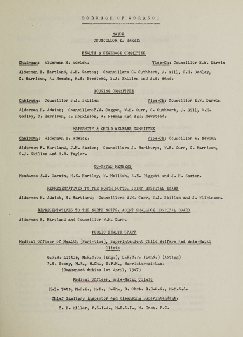 MAWR COUNCILLOR E. HARRIS HEALTH & SEWERAGE COMMITTEE Chairman: Alderman H. Adwick. Vlce-Ch: Councillor E.W. Darwin Aldermen H. Hartland, J.H. Saxton; Councillors C. Cuthbert, J. Gill, D.H. Godley, C. Harrison, A, Newman, R.H. Newstead, S.J. Skillen and J.H. Wand* HOUSING COMMITTEE Chairman: Councillor S*J* Skillen Vlce^h: Councillor E.W* Darwin Alderman H* Adwiok; Councillor^ .W. Coggan, W.H* Curr, C. Cuthbert, J. Gill, D.H* Godley, C* Harrison, J* Hopkinson, A* Newman and R,H* Newstead. MATERNITY & CHILD WELFARE COMMITTEE Chairman: Alderman H* Adwick. Vioe=Cht Councillor A. Newman Aldermen H* Hartland, J*H* Saxton; Councillors J. Barthorpe, W.H. Curr, C. Harrison, S.J. Skillen and H.B. Taylor. CO-OPTED MEMBERS Mesdames E.W. Darwin, M.E. Hartley, W. Mellish, A.E. Piggott and J. H. Saxton. REPRESENTATIVES TO THE NORTH NOTTS. JOINT HOSPITAL BOARD Aldermen H. Adwick, H. Hartland; Councillors W.H. Curr, S.J. Skillen and J. Wilkinson. REPRESENTATIVES TO THE NORTH NOTTS. JOINT SMALLPOX HOSPITAL BOARD Alderman H. Hartland and Councillor W.H. Curr. PUBLIC HEALTH STAFF Medical Officer of Health (Part°tlme), Superintendent Child Welfare and Ante-Natal Clinic G.S*R* Little, M.R.C.S. (Eng.), L.R.C.P. (Lond.) (Acting) P.H. Deeny, M.B., B.Ch., D.P.H., Barrister=at-Lawo (Commenced duties 1st April, 1?47) Medical Officer. Ante-Natal Clinic H.T. Tate, M.B.E., M.B., B.Ch., D. Obst. R.C.O.G., M.M.S.A. Chief Sanitary Inspector and Cleansing Superintendent.