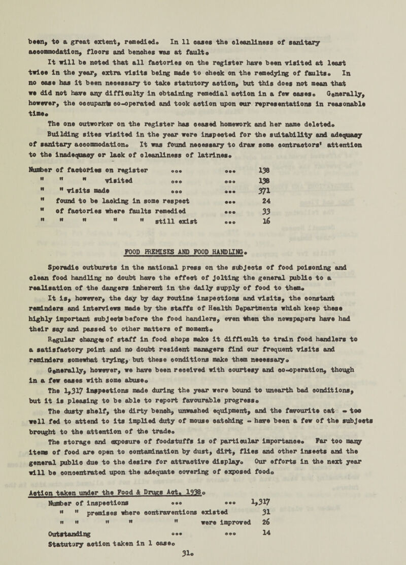 been, to a great extent, remediedo In 11 oases the oleanllness of sanitary aeoommodation, floors and benohes was at fault o It will be noted that all factories on the register have been visited at least twice in the year, extra visits being made to oheok on the remedying of faultso In no ease has it been necessary to take statutory aotion, but this does not mean that we did not have any difficulty in obtaining remedial aotion in a few oaseso Generally, however, the occupants co-operated and took aotion upon cur representations in reasonable time« The one outworker on the register has ceased homework and her name deletedo Building sites visited in the year were inspected for the suitability and adequacy of sanitary aooommodatlon<> It was found neoessary to draw some contractors1 attention to the inadequacy or laok of oleanllness of latrines* Number of factories on register «<>• w ”  visited ooo   visits made OOO  found to be laoking in some respect  of factories where faults remedied      still exist OOO ooo ooo ooo ooo ooo 138 138 371 24 33 l6 FOOD PREMISES AND FOOD HANDLING* Sporadic outbursts in the national press on the subjeots of food poisoning and dean food handling no doubt have the effect of Jolting the general public to a realisation of the dangers inherent in the daily supply of food to them* It is, however, the day by day routine inspections and visits, the constant reminders and interviews made by the staffs of Health Departments which keep these highly important subjeeis before the food handlers, even then the newspapers have had their say and passed to other matters of moment* Regular change of staff in food shops make it difficult to train food handlers to a satisfactory point and no doubt resident managers find our frequent visits and reminders somewhat trying, but these conditions make them necessary* Generally, however, we have been received with courtesy and co-operation, though in a few eases with some abuseo The 1,317 inspections made during the year were bound to unearth bad conditions, but it is pleasing to be able to report favourable progress* The dusty shelf, the dirty bench, unwashed equipment, and the favourite cat: - too well fed to attend to its implied duty of mouse catching - have been a few of the subjects brought to the attention of the trade* The storage and exposure of foodstuffs is of particular importance* Far too many item of food are open to contamination by dust, dirt, flies and other insects and the general publio due to the desire for attractive display* Our efforts in the next year will be concentrated upon the adequate covering of exposed food* Action taken under the Food & Drugs Act, 1938o Number of inspections *•» ••• 1*317 •«  premises where contraventions existed 31 mm mm h were improved 26 Outstanding ••• I4 Statutory action taken in 1 oaseo 31o