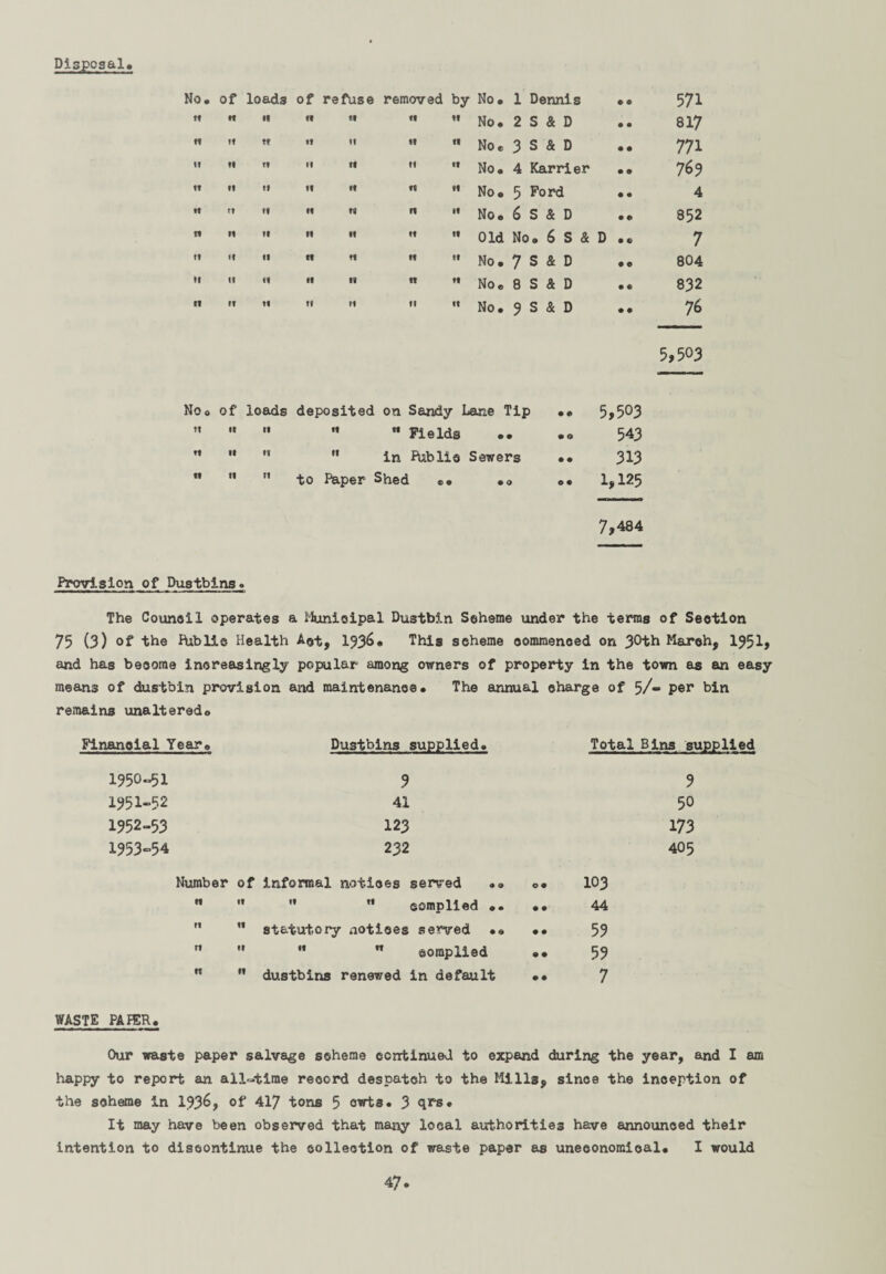 Disposal No. of loads of refuse removed by No. 1 Dennis c 0 571 ft ft ft ft ft ft ft No. 2 S & D • • 817 ft ft tf •f If ft tt No* 3 S & D • • 771 tt ft tf l« ft »1 tt No. 4 Karrier • • 769 ft ft t» It H tf ft No. 5 Ford • • 4 ft r? If ft ft ft it No. 6 S & D • « 852 ft ft It ft If tt ft Old No. 6 S & D • (y 7 tt it ft ft ft It tf No. 7 S & D • O 804 M ft if ft It ft ft No. 8 S & D • © 832 ft ri it tf 11 ft tt No. 3 S & D • • 76 5,503 No® of loads deposited on Sandy Lane Tip •• 5,503 tt tt tt ft  Fields • • • O 543 ft tt ft ft in fUblie Sewers •• 313 ft It H to Paper Shed « 0 • 0 e« 1,125 7,484 Provision of Dustbins» The Council operates a Municipal Dustbin Scheme under the terms of Section 75 (3) of the fUblis Health Act, 1936. This scheme commenced on 3°th March, I95I, and has become increasingly popular among owners of property in the town as an easy means of dustbin provision and maintenance# The annual charge of 5/- per bin remains unaltered® Financial Year® Dustbins supplied. Total Bins supplied 1950-51 9 9 1951-52 41 50 1952-53 123 173 1953-54 232 405 Number of informal notices served .. O 9 103 tt    complied .. • © 44 ri  statutory notices served •« • • 59 rt  '*  complied • • 59 tt ” dustbins renewed in default • • 7 WASTE PAFER. Our waste paper salvage scheme continued to expand during the year, and I am happy to report an anytime record despatch to the Mills, since the inception of the scheme in 193^, of 417 tons 5 owts. 3 qrs. It may have been observed that many local authorities have announced their intention to discontinue the collection of waste paper as uneconomical. I would