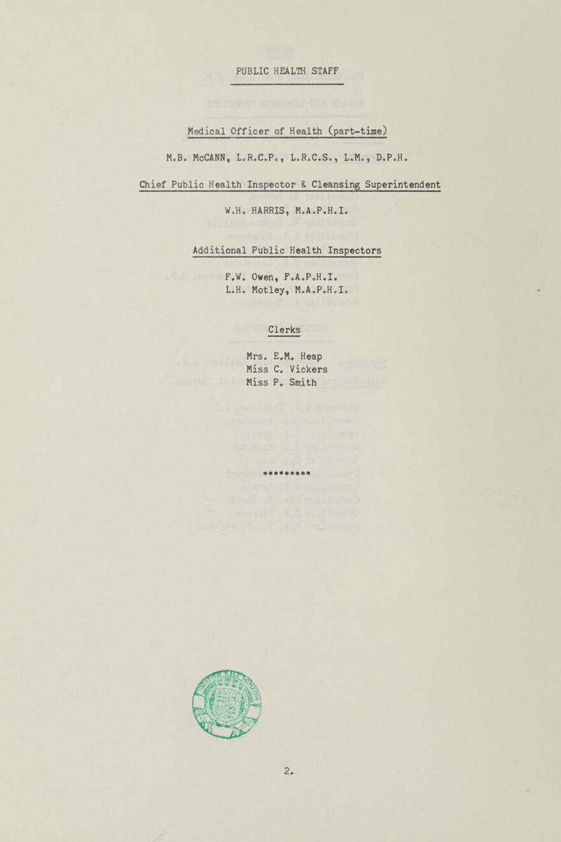 PUBLIC HEALTH STAFF Medical Officer of Health (part-time) M.B. McCANN, L.R.C.P., L.R.C.S., L.M., D.P.H. Chief Public Health Inspector & Cleansing Superintendent W.H. HARRIS, M.A.P.H.I. Additional Public Health Inspectors F.W. Owen, F.A.P.H.I. L.H. Motley, M.A.P.H.I. Clerks Mrs. E.M. Heap Miss C. Vickers Miss P. Smith * * * * * * * * *