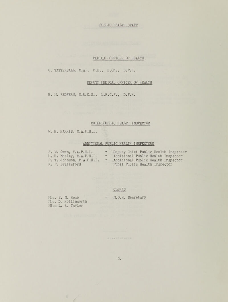 MEDICAL OFFICER OF HEALTH G„ TATTERSALL, M.A. , M.B., B.Ch., D.P.H. DEPUTY MEDICAL OFFICER OF HEALTH H. M. REDFERN, M.R.C.S., L.R.C.P., D.P.H. CHIEF PUBLIC HEALTH INSPECTOR W. H. HARRIS, M.A.P.H.I. ADDITIONAL PUBLIC HEALTH INSPECTORS F. W. Owen, F.A.P.H.I. L0 H. Motley, M.A.P.H.I. P. T. Johnson, M.A.P.H.I. R, P. Brailsford Deputy Chief Public Health Inspector Additional Public Health Inspector Additional Public Health Inspector Pupil Public Health Inspector CLERKS Mrs. E, M. Heap - M.O.H. Secretary Mrs. D. Hollinworth Miss L. A. Taylor