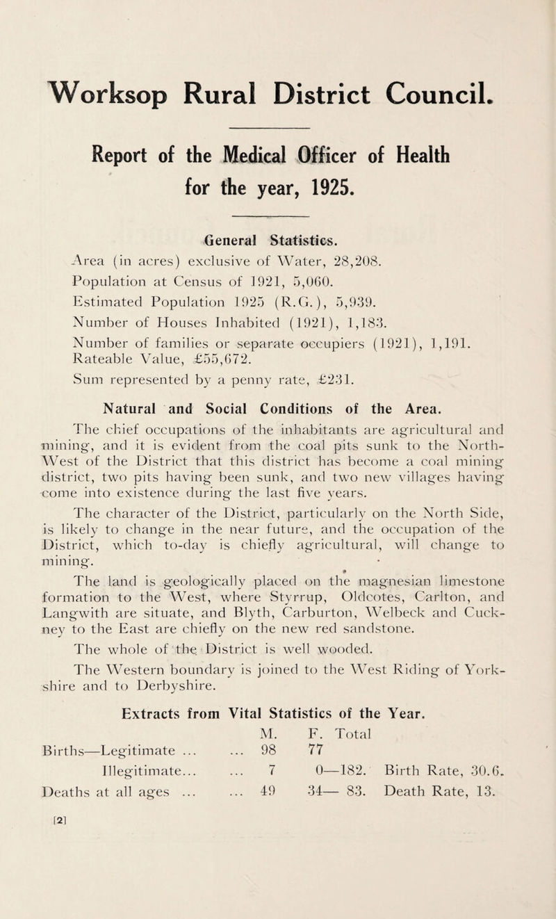 Worksop Rural District Council Report of the Medical Officer of Health for the year, 1925. General Statistics. Area (in acres) exclusive of Water, 28,208. Population at Census of 1921, 5,060. Estimated Population 1925 (R.G.), 5,939. Number of Houses Inhabited (1921), 1,183. Number of families or separate occupiers (1921), 1,191. Rateable Value, £55,672. Sum represented by a penny rate, £231. Natural and Social Conditions of the Area. The chief occupations of the inhabitants are agricultural and mining, and it is evident from the coal pits sunk to the North- West of the District that this district has become a coal mining district, two pits having been sunk, and two new villages having •come into existence during the last five vears. The character of the District, particularly on the North Side, is likely to change in the near future, and the occupation of the District, which to-day is chiefly agricultural, will change to mining. The land is geologically placed on the magnesian limestone formation to the West, where Styrrup, Oldcotes, Carlton, and Langwith are situate, and Blyth, Carburton, Welbeck and Cuck- ney to the East are chiefly on the new red sandstone. The whole of the District is well wooded. The Western boundary is joined to the West Riding of York¬ shire and to Derbyshire. Extracts from Vital Statistics of the Year. M. F. Total Births—Legitimate ... ... 98 77 Illegitimate... 7 0—182. Birth Rate, 30.6 Deaths at all ages ... ... 49 34— 83. Death Rate, 13. 121