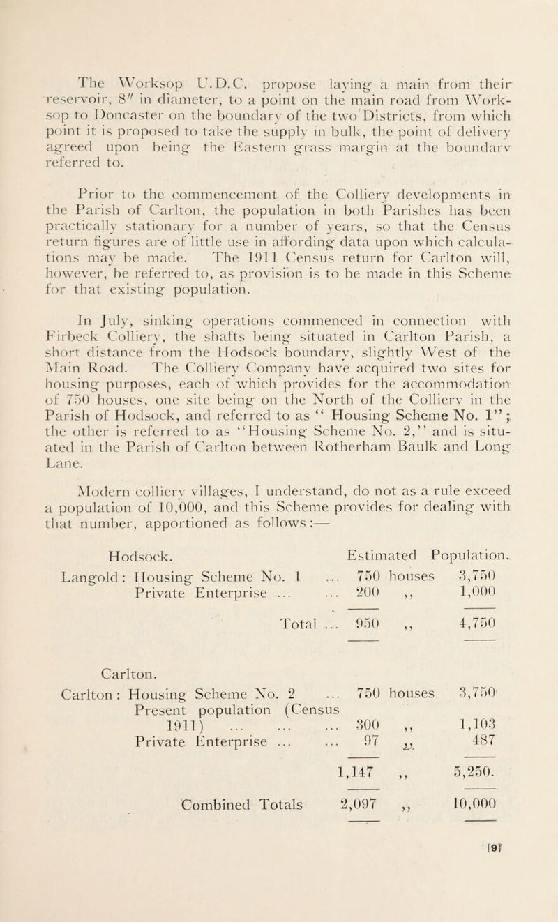 The Worksop U.D.C. propose laying a main from their reservoir, 8 in diameter, to a point on the main road from Work¬ sop to Doncaster on the boundary of the two Districts, from which point it is proposed to take the supply in bulk, the point of delivery agreed upon being the Eastern grass margin at the boundarv referred to. Prior to the commencement of the Colliery developments in the Parish of Carlton, the population in both Parishes has been practically stationary for a number of years, so that the Census return figures are of little use in affording data upon which calcula¬ tions may be made. The 1911 Census return for Carlton will, however, be referred to, as provision is to be made in this Scheme for that existing population. In July, sinking operations commenced in connection with Firbeck Colliery, the shafts being situated in Carlton Parish, a short distance from the Hodsock boundarv, slightly West of the M ain Road. The Colliery Company have acquired two sites for housing purposes, each of which provides for the accommodation of 750 houses, one site being on the North of the Collierv in the Parish of Hodsock, and referred to as “ Housing Scheme No. 1” ; the other is referred to as “Housing Scheme No. 2,” and is situ¬ ated in the Parish of Carlton between Rotherham Baulk and Long- Lane. Modern colliery villages, 1 understand, do not as a rule exceed a population of 10,000, and this Scheme provides for dealing with that number, apportioned as follows :— Hodsock. Estimated Population.. Langold : Housing Scheme No. 1 ... 750 houses 3,750 Private Enterprise ... ... 200 1,000 Total ... 950 ? > 4,750 Carlton. Carlton : Housing Scheme No. 2 ... 750 houses 3,750 Present population (Census 1911) . 300 > y 1,103 Private Enterprise ... 97 i\ 487 1,147 } y 5,250. Combined Totals 2,097 5 > 10,000 [91