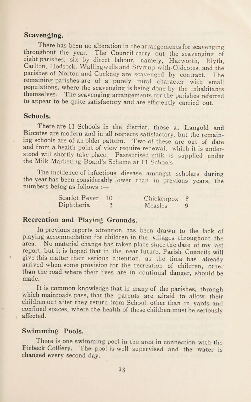 Scavenging. There has been no alteration in the arrangements for scavenging throughout the year. The Council carry out the scavenging of eight parishes, six by direct labour, namely, Harworth, Blyth, Carlton, Hodsock, Wallingwells and Styrrup with-Oldcotes, and the parishes of Norton and Cuckney are scavenged by contract. The remaining parishes are of a purely rural character with small populations, where the scavenging is being done by the inhabitants themselves. The scavenging arrangements for the parishes referred to appear to be quite satisfactory and are efficiently carried out. Schools. There are 11 Schools in the district, those at Langold and Bircotes are modern and in all respects satisfactory, but the remain¬ ing schools are of an older pattern. Two of these are out of date and from a health point of view require renewal, which it is under¬ stood will shortly take place. Pasteurised milk is supplied under the Milk Marketing Board’s Scheme at 11 Schools. The incidence of infectious disease amongst scholars during the year has been considerably lower than in previous years, the numbers being as follows :— Scarlet Fever 10 Chickenpox 8 Diphtheria 3 Measles 9 * Recreation and Playing Grounds. In previous reports attention has been drawn to the lack of playing accommodation for children in the villages throughout the area. No material change has taken place since the date of my last report, but it is hoped that in the near future, Parish Councils will give this matter their serious attention, as the time has already arrived when some provision for the recreation of children, other than the road where their lives are in continual danger, should be made. It is common knowledge that in many of the parishes, through which mainroads pass, that the parents are afraid to allow their children out after they return from School, other than in yards and confined spaces, where the health of these children must be seriously affected. Swimming Pools. There is one swimming pool in the area in connection with the Firbeck Colliery. The pool is well supervised and the water is changed every second day. *3