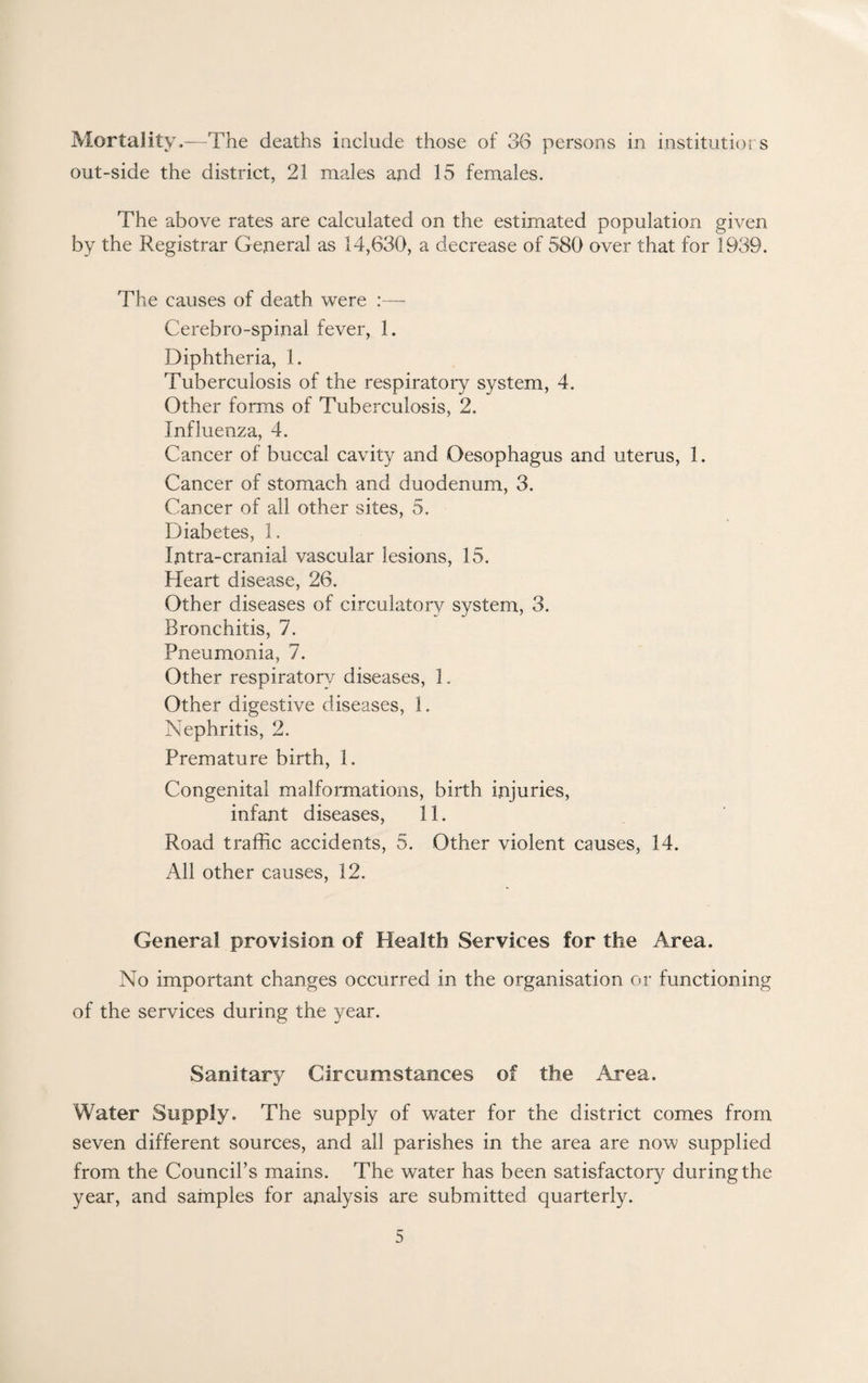 Mortality.—The deaths include those of 36 persons in institution out-side the district, 21 males and 15 females. The above rates are calculated on the estimated population given by the Registrar General as 14,630, a decrease of 580 over that for 1939. The causes of death were :— Cerebro-spinal fever, 1. Diphtheria, 1. Tuberculosis of the respiratory system, 4. Other forms of Tuberculosis, 2. Influenza, 4. Cancer of buccal cavity and Oesophagus and uterus, 1. Cancer of stomach and duodenum, 3. Cancer of all other sites, 5. Diabetes, 1. Intra-cranial vascular lesions, 15. Heart disease, 26. Other diseases of circulatory system, 3. Bronchitis, 7. Pneumonia, 7. Other respiratory diseases, 1. Other digestive diseases, 1. Nephritis, 2. Premature birth, 1. Congenital malformations, birth injuries, infant diseases, 11. Road traffic accidents, 5. Other violent causes, 14. All other causes, 12. General provision of Health Services for the Area. No important changes occurred in the organisation or functioning of the services during the year. Sanitary Circumstances of the Area. Water Supply. The supply of water for the district comes from seven different sources, and all parishes in the area are now supplied from the Council’s mains. The water has been satisfactory during the year, and samples for analysis are submitted quarterly.