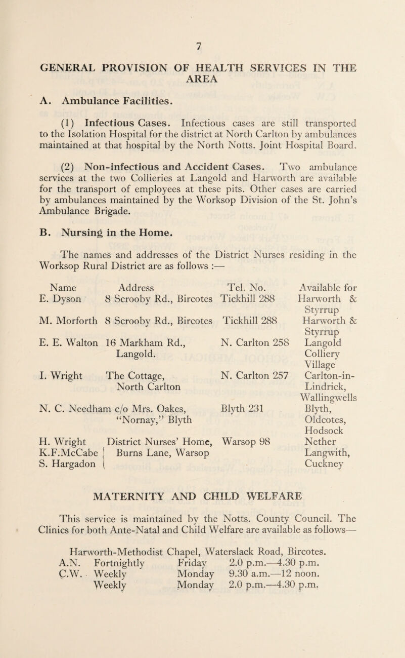 GENERAL PROVISION OF HEALTH SERVICES IN THE AREA A. Ambulance Facilities. (1) Infectious Cases. Infectious cases are still transported to the Isolation Hospital for the district at North Carlton by ambulances maintained at that hospital by the North Notts. Joint Hospital Board. (2) Non-infectious and Accident Cases. Two ambulance services at the two Collieries at Langold and Karworth are available for the transport of employees at these pits. Other cases are carried by ambulances maintained by the Worksop Division of the St. John’s Ambulance Brigade. B. Nursing in the Home. The names and addresses of the District Nurses residing in the Worksop Rural District are as follows :— Name Address Tel. No. Available for E. Dyson 8 Scrooby Rd., Bircotes Tickhili 288 Harworth & Styrrup M. Morforth 8 Scrooby Rd., Bircotes Tickhill 288 Harworth & Styrrup E. E. Walton 16 Markham Rd., Langold. N. Carlton 258 Langold Colliery Village I. Wright The Cottage, North Carlton N. Carlton 257 Carlton-in- Lindrick, Wallingwells N. C. Needham c/o Mrs. Oakes, “Nornay,” Blyth Blyth 231 Blyth, Oldcotes, Hodsock H. Wright K.F.McCabe S. Hargadon District Nurses’ Home, J Burns Lane, Warsop Warsop 98 Nether Langwith, Cuckney MATERNITY AND CHILD WELFARE This service is maintained by the Notts. County Council. The Clinics for both Ante-Natal and Child Welfare are available as follows— Harworth-Methodist Chapel, Waterslack Road, Bircotes. A.N. Fortnightly Friday 2.0 p.m.—4.30 p.m. C.W. Weekly Monday 9.30 a.m.—12 noon. Weekly Monday 2.0 p.m.—4.30 p.m.