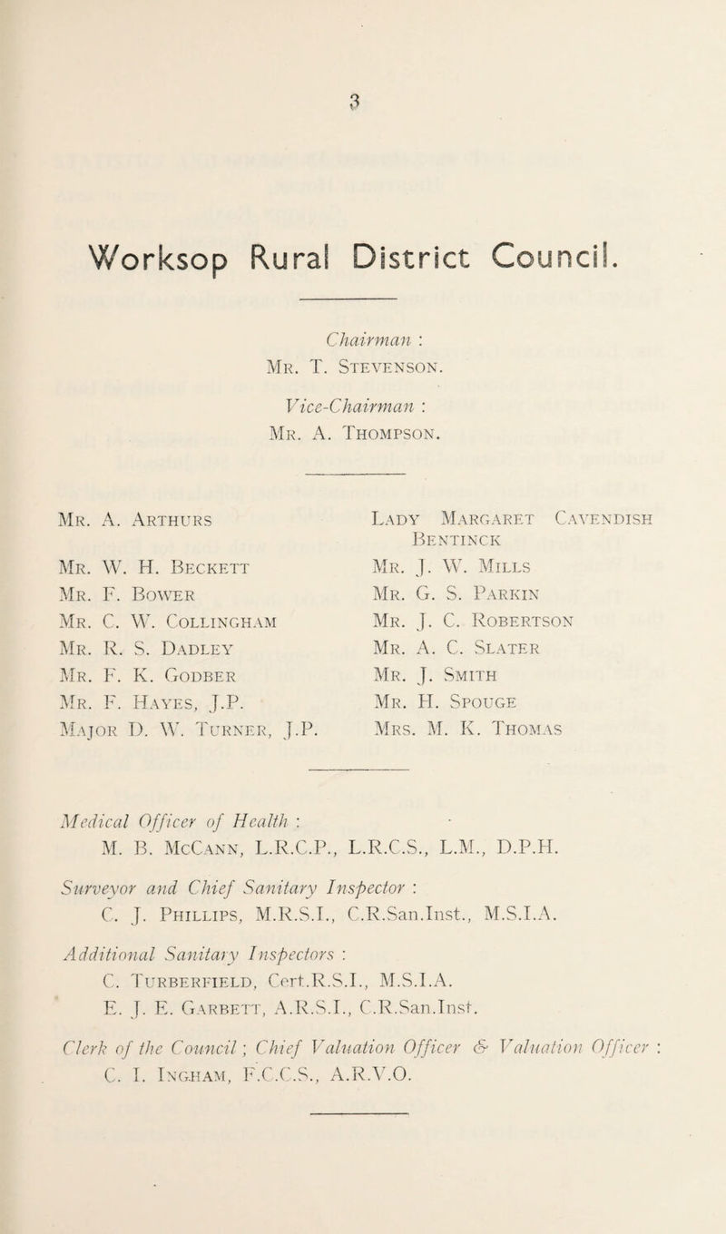 Worksop Rurai District Council. Chairman : Mr. T. Stevenson. Vice-Chairman : Mr. A. Thompson. Mr. A. Arthurs Mr. W. H. Beckett Mr. F. Bower Mr. C. W. Collingham Mr. R. S. Dadley Mr. F. K. Godber Mr. F. Hayes, J.P. Major I). W. Turner, J.P. Lady Margaret Cavendish Bentinck Mr. J. W. Mills Mr. G. S. Parkin Mr. J. C. Robertson Mr. A. C. Slater Mr. J. Smith Mr. H. Spouge Mrs. M. K. Thomas Medical Officer of Health : M. B. McCann, L.R.C.P., L.R.C.S., L.M., D.P.H. Surveyor and Chief Sanitary Inspector : C. J. Phillips, M.R.S.I., C.R.San.Inst., M.S.I.A. Additional Sanitary Inspectors : C. Turberfield, Cert.R.S.I., M.S.I.A. E. J. E. Garbett, A.R.S.I., C.R.San.Inst. Clerh of the Council; Chief Valuation Officer & Valuation Officer : C. I. Ingham, F.C.C.S., A.R.V.O.