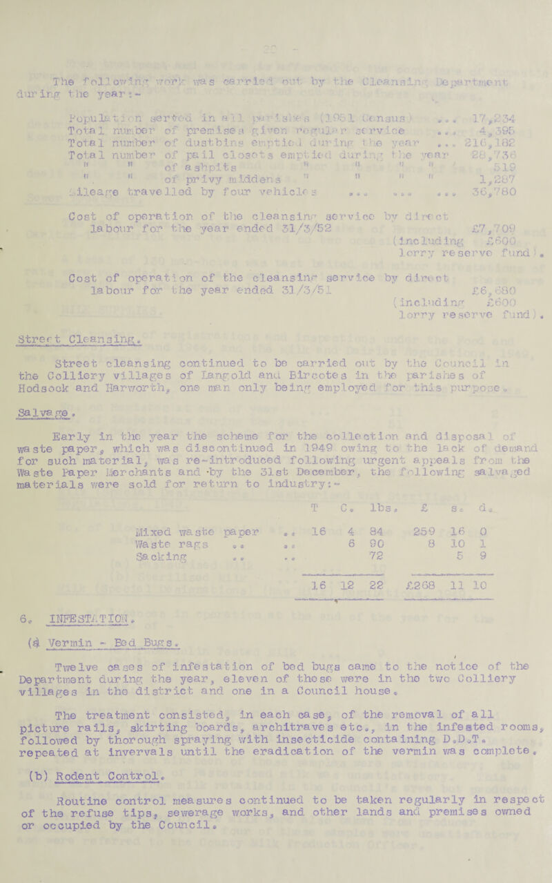The following a?or1/ was carried out by the Cleansing ,ep&rtment. during the years- Populate n. served in a 13. pen* i she a (1051 Census1 Total number of premises given regular sc rvice Total number of dustbins einptie 1 during tie year ■j © ■* <t> u 9 » » © 17,234 4,395 21(5.182 Total number of pail closets emptied during the rear 28/73fc ?« n ^ -i . ♦ ill 21 tf. a - - ^ of ashpits n . H of privy middens idle age travelled by four vehicles 18 * tr 519 1/287 36/780 Cost of operation of the cleansing service by direct labour for the year ended 31/3/52 £7/7 09 (inc 11 id i ng £ 6 0 6 lorry r-e servo fund )« Cost of operation of the cleansing service by direct labour f or the year ended 3.1 /3/51 £6680 (including £600 1 orry re sorve fund ) * Stre ct Cleansing_ Ci~inniiW<fV ’ f-—»--<- Street cleansing continued to be carried out bv the Council in the Colliery villages of Lang old and Bir cotes in the parishes of Hodsook and Harworth* one man only being employed for this purpose , Salvage, Early in the year the scheme for the collection and disposal, of waste paper9 which was discontinued in 1949 owing to the lack of demand for such material, was re-introduced following urgent appeals from the Waste Paper Merchants and -by the 31st December, the following salvaged materials were sold for return to industry;- C lbs cl. Mi xe d wa ate pa pe r Waste rags ** Sacking « 3 16 4 8 84 90 72 259 8 16 10 5 0 1 9 16 12 22 £268 11 10 6* INFESTATION „ (4 Vermin - Bod Bugs* > Twelve cases of infestation of bod bugs came to the notice of the Department during the year, eleven of those were in the two Colliery villages in the district and one in a Council house. The treatment consisted, in each case, of the removal of all picture rails, skirting boards, architraves etc*, in the infested rooms, followed by thorough spraying with insecticide containing D*D..,TS repeated at invervals until the eradication of the vermin wag complete* (b) Rodent Control* mt****3*rxmtow, fc*.V,**. Routine control measures continued to be taken regularly in respect of the refuse tips, sewerage works, and other lands and premises ovmed or occupied by the Council©