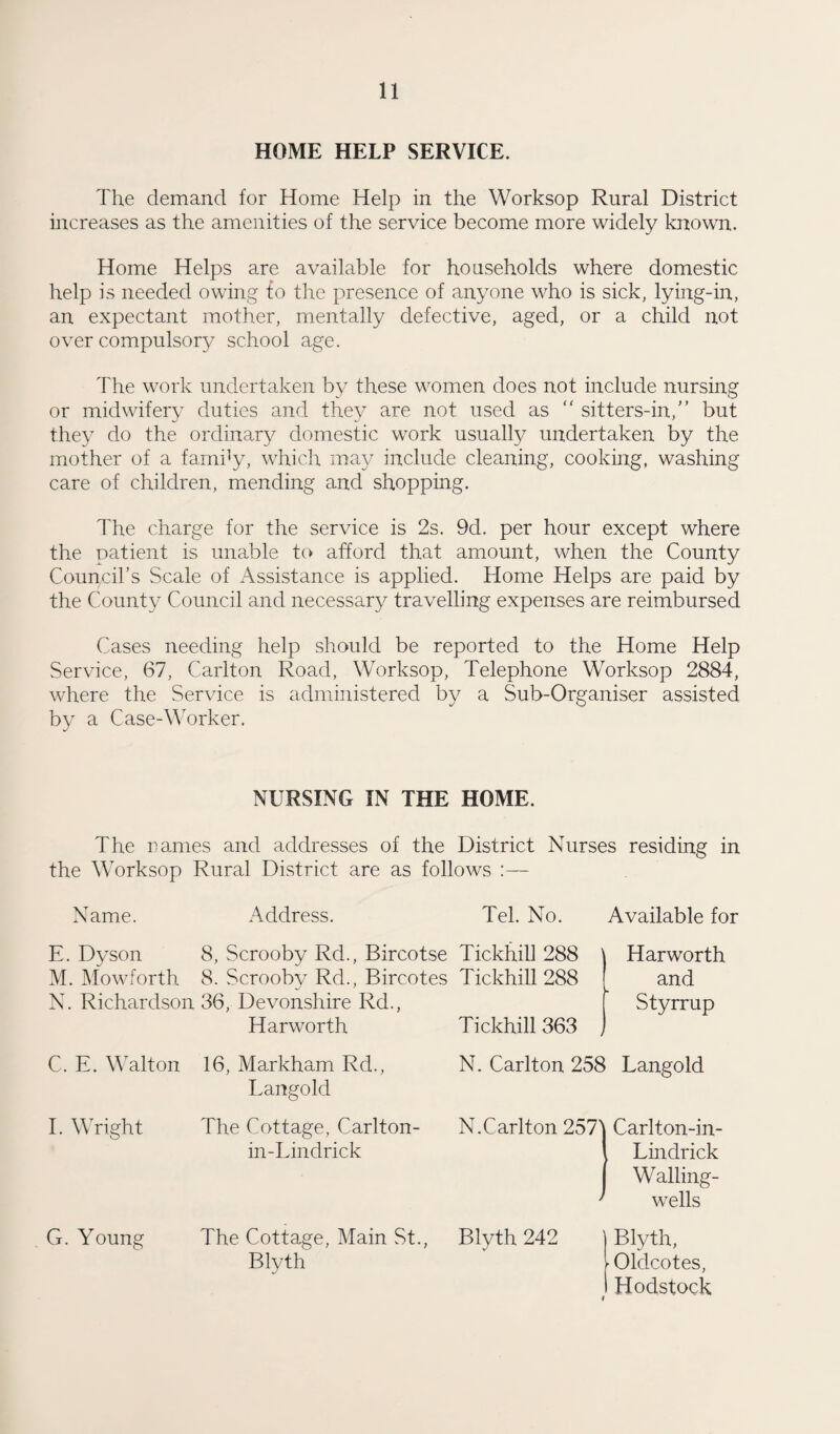 HOME HELP SERVICE. The demand for Home Help in the Worksop Rural District increases as the amenities of the service become more widely known. Home Helps are available for households where domestic help is needed owing to the presence of anyone who is sick, lying-in, an expectant mother, mentally defective, aged, or a child not over compulsory school age. The work undertaken by these women does not include nursing or midwifery duties and they are not used as  sitters-in/’ but they do the ordinary domestic work usually undertaken by the mother of a family, which may include cleaning, cooking, washing care of children, mending and shopping. The charge for the service is 2s. 9d. per hour except where the patient is unable to afford that amount, when the County Council’s Scale of Assistance is applied. Home Helps are paid by the County Council and necessary travelling expenses are reimbursed Cases needing help should be reported to the Home Help Service, 67, Carlton Road, Worksop, Telephone Worksop 2884, where the Service is administered by a Sub-Organiser assisted by a Case-Worker. NURSING IN THE HOME. The names and addresses of the District Nurses residing in the Worksop Rural District are as follows :— Name. Address. Tel. No. Available for E. Dyson 8, Scrooby Rd., Bircotse Tickhill 288 M. Mowforth 8. Scrooby Rd., Bircotes Tickhill 288 N. Richardson 36, Devonshire Rd., Harworth Tickhill 363 ’ Harworth and Styrrup C. E. Walton 16, Markham Rd., Langold I. Wright The Cottage, Carlton- in-Lindrick N. Carlton 258 Langold N.Carlton 257' , Carlton-in- Lindrick Walling- wells G. Young The Cottage, Main St., Blyth 242 Blyth | Blyth, l Oldcotes, I Hodstock i