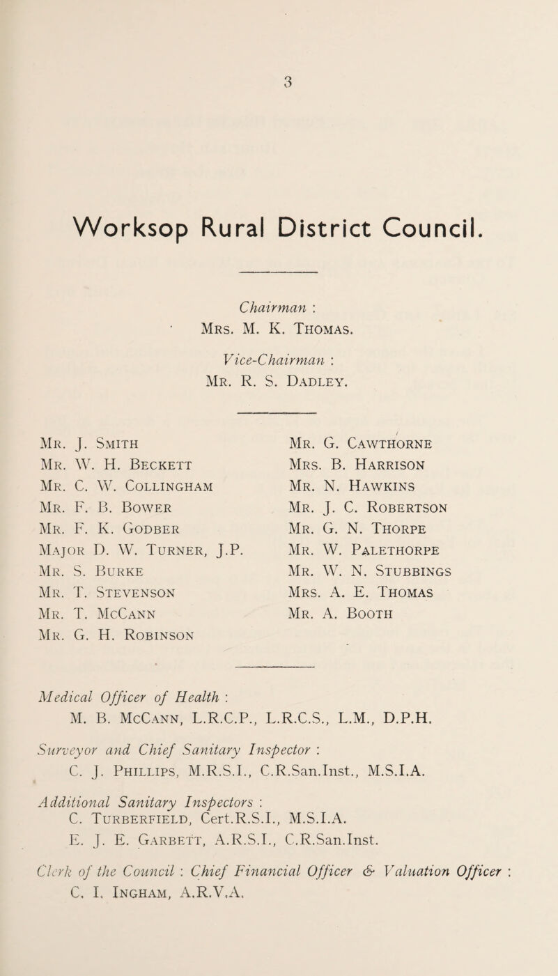 Worksop Rural District Council. Chairman : Mrs. M. K. Thomas. Vice-Chairman ; Mr. R. S. Dadley. Mr. J. Smith / Mr. G. Cawthorne Mr. W. H. Beckett Mrs. B. Harrison Mr. C. \V. Collingham Mr. N. Hawkins Mr. F. B. Bower Mr. j. C. Robertson Mr. F. K. Godber Mr. G. N. Thorpe Major D. W. Turner, J.P. Mr. W. Palethorpe Mr. S. Burke Mr. W. N. Stubbings Mr. T. Stevenson Mrs. a. E. Thomas Mr. T. McCann Mr. a. Booth Mr. G. H. Robinson - Medical Officer of Health : M. B. McCann, L.R.C.P., L.R.C.S., L.M., D.P.H. Surveyor and Chief Sanitary Inspector : C. J. Phillips, M.R.S.I., C.R.San.Inst., M.S.I.A. Additional Sanitary Inspectors : C. Turberfield, Cert.R.S.I., M.S.I.A. E. ]. E. Garbett, A.R.S.L, C.R.San.Inst. Clerk of the Council : Chief Fmancial Officer & Valuation Officer C, E Ingham, A.R.V,A.