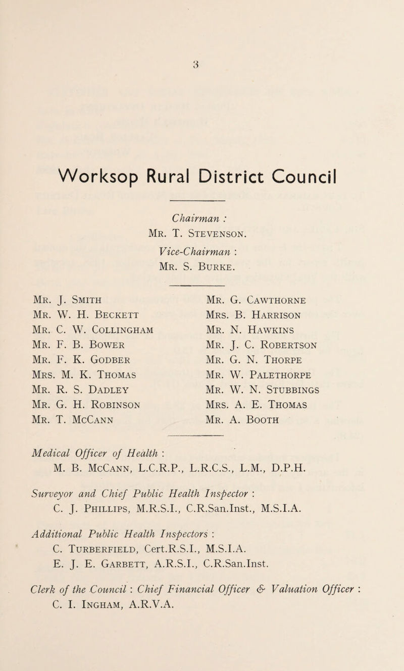 Worksop Rural District Council Chairman : Mr. T. Stevenson. Vice-Chairman : Mr. S. Burke. Mr. J. Smith Mr. W. H. Beckett Mr. C. W. Collingham Mr. F. B. Bower Mr. F. K. Godber Mrs. M. K. Thomas Mr. R. S. Dadley Mr. G. H. Robinson Mr. T. McCann Mr. G. Cawthorne Mrs. B. Harrison Mr. N. Hawkins Mr. J. C. Robertson Mr. G. N. Thorpe Mr. W. Palethorpe Mr. W. N. Stubbings Mrs. A. E. Thomas Mr. A. Booth Medical Officer of Health : M. B. McCann, L.C.R.P., L.R.C.S., L.M., D.P.H. Surveyor and Chief Public Health Inspector : C. J. Phillips, M.R.S.I., C.R.San.Inst., M.S.I.A. Additional Public Health Inspectors : C. Turberfield, Cert.R.S.I., M.S.I.A. E. J. E. Garbett, A.R.S.I., C.R.San.Inst. Clerk of the -Council : Chief Financial Officer & Valuation Officer C. I. Ingham, A.R.V.A.