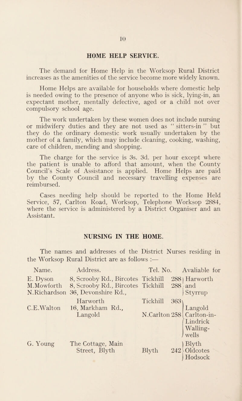 HOME HELP SERVICE. The demand for Home Help in the Worksop Rural District increases as the amenities of the service become more widely known. Home Helps are available for households where domestic help is needed owing to the presence of anyone who is sick, lying-in, an expectant mother, mentally defective, aged or a child not over compulsory school age. The work undertaken by these women does not include nursing or midwifery duties and they are not used as “ sitters-in ” but they do the ordinary domestic work usually undertaken by the mother of a family, which may include cleaning, cooking, washing, care of children, mending and shopping. The charge for the service is 3s. 3d. per hour except where the patient is unable to afford that amount, when the County Council’s Scale of Assistance is applied. Home Helps are paid by the County Council and necessary travelling expenses are reimbursed. Cases needing help should be reported to the Home Held Service, 57, Carlton Road, Worksop, Telephone Worksop 2884, where the service is administered by a District Organiser and an Assistant. NURSING IN THE HOME. The names and addresses of the District Nurses residing in the Worksop Rural District are as follows :— Name. Address. Tel. No. Available for E. Dyson 8, Scrooby Rd., Bircotes Tickhill 288|Harworth M. Mowforth 8, Scrooby Rd., Bircotes Tickhill 288,-and N. Richardson 36, Devonshire Rd., ) Styrrup Harworth C.E.Walton 16, Markham Rd., Langold Tickhill 363 \ N.Carlton 258 j Langold Carlton-in- Lindrick W ailing- wells G. Young The Cottage, Main Street, Blyth Blyth Blyth 2421 Oldcotes J Hodsock