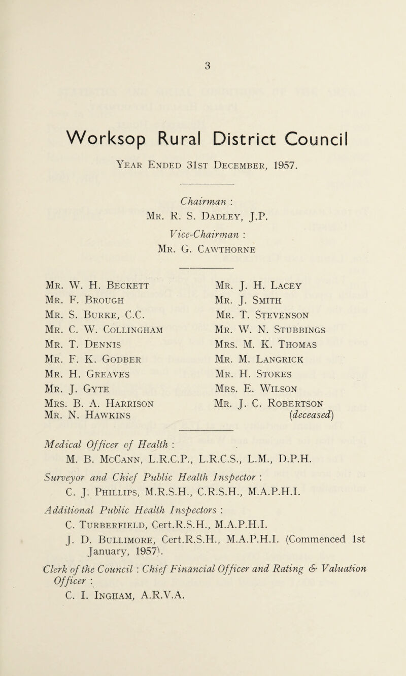 Worksop Rural District Council Year Ended 31st December, 1957. Chairman : Mr. R. S. Dadley, J.P. V ice-Chainnan : Mr. G. Cawthorne Mr. W. H. Beckett Mr. F. Brough Mr. S. Burke, C.C. Mr. C. W. Collingham Mr. T. Dennis Mr. F. K. Godber Mr. H. Greaves Mr. J. Gyte Mrs. B. A. Harrison Mr. N. Hawkins Mr. J. H. Lacey Mr. J. Smith Mr. T. Stevenson Mr. W. N. Stubbings Mrs. M. K. Thomas Mr. M. Langrick Mr. H. Stokes Mrs. E. Wilson Mr. J. C. Robertson (deceased) Medical Of ficer of Health : M. B. McCann, L.R.C.P., L.R.C.S., L.M., D.P.H. Surveyor and, Chief Public Health Inspector : C. J. Phillips, M.R.S.H., C.R.S.H., M.A.P.H.I. Additional Public Health Inspectors : C. Turberfield, Cert.R.S.H., M.A.P.H.L J. D. Bullimore, Cert.R.S.H., M.A.P.H.L (Commenced 1st January, 1957C Clerk of the Council : Chief Financial Officer and Rating <5* Valuation Officer : C. I. Ingham, A.R.V.A.