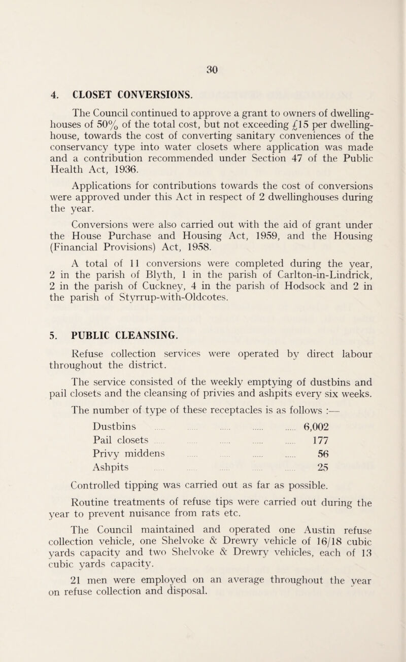 4. CLOSET CONVERSIONS. The Council continued to approve a grant to owners of dwelling- houses of 50% of the total cost, but not exceeding £15 per dwelling- house, towards the cost of converting sanitary conveniences of the conservancy type into water closets where application was made and a contribution recommended under Section 47 of the Public Health Act, 1936. Applications for contributions towards the cost of conversions were approved under this Act in respect of 2 dwellinghouses during the year. Conversions were also carried out with the aid of grant under the House Purchase and Housing Act, 1959, and the Housing (Financial Provisions) Act, 1958. A total of 11 conversions were completed during the year, 2 in the parish of Blyth, 1 in the parish of Carlton-in-Lindrick, 2 in the parish of Cuckney, 4 in the parish of Hodsock and 2 in the parish of Styrrup-with-Oldcotes. 5. PUBLIC CLEANSING. Refuse collection services were operated by direct labour throughout the district. The service consisted of the weekly emptying of dustbins and pail closets and the cleansing of privies and ashpits every six weeks. The number of type of these receptacles is as follows :— Dustbins 6,002 Pail closets 177 Privy middens 56 Ashpits 25 Controlled tipping was carried out as far as possible. Routine treatments of refuse tips were carried out during the year to prevent nuisance from rats etc. The Council maintained and operated one Austin refuse collection vehicle, one Shelvoke & Drewry vehicle of 16/18 cubic yards capacity and two Shelvoke & Drewry vehicles, each of 13 cubic yards capacity. 21 men were employed on an average throughout the year on refuse collection and disposal.