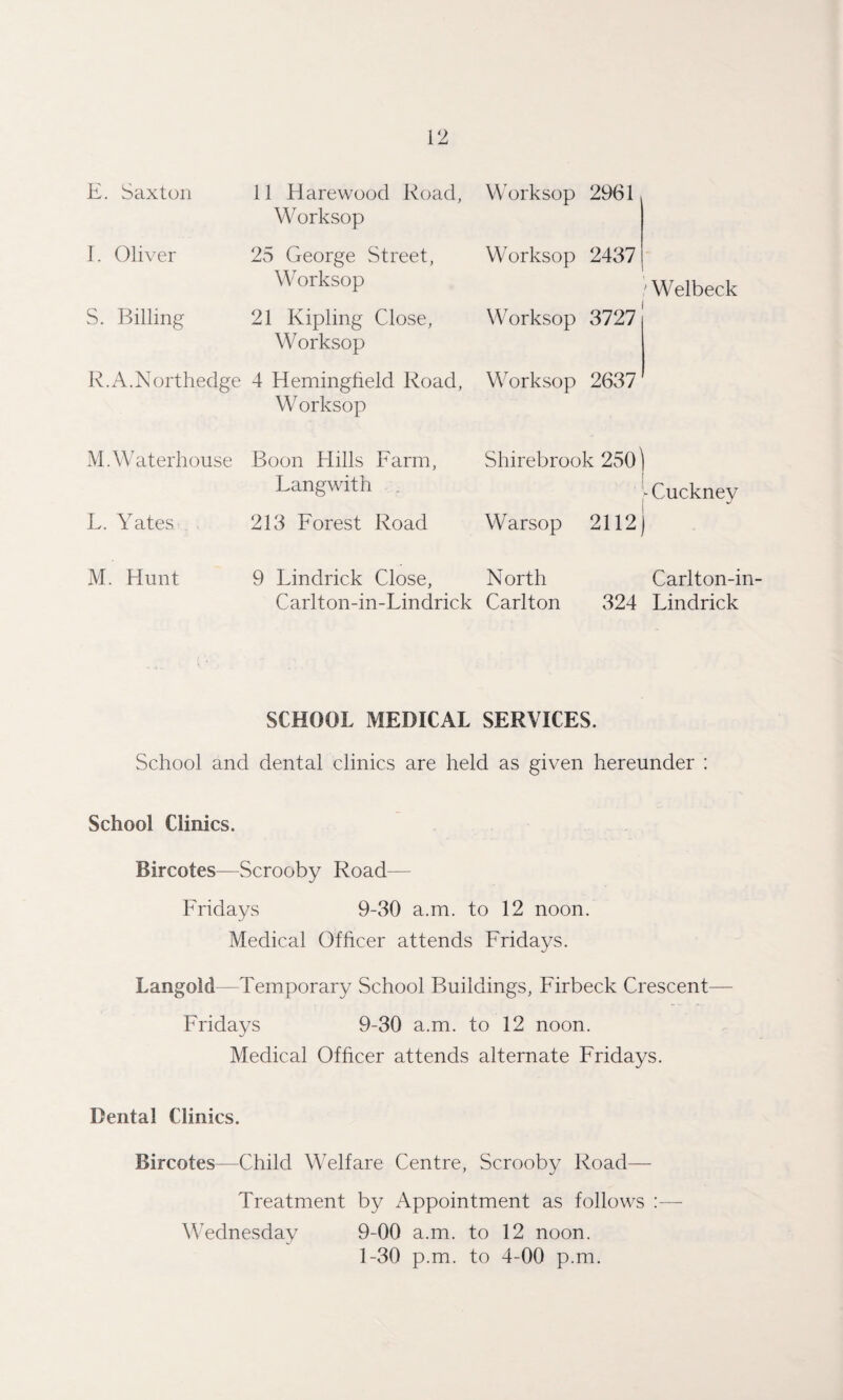 E. Saxton 11 Harewood Road, Worksop Worksop 2961 I. Oliver 25 George Street, Worksop Worksop 2437 ' Welbeck S. Billing 21 Kipling Close, Worksop W orksop 3727 R.A.Northedge 4 Hemingheld Road, Worksop Worksop 2637 M. Waterhouse Boon Hills Farm, Langwith . Shirebrook 250^ Wuckney L. Y ates 213 Forest Road Warsop 2112 I- • ■ M. Hunt 9 Lindrick Close, North Carlton-in Carlton-in-Lindrick Carlton 324 Lindrick SCHOOL MEDICAL SERVICES. School and dental clinics are held as given hereunder : School Clinics. Bircotes—Scrooby Road— Fridays 9-30 a.m. to 12 noon. Medical Officer attends Fridays. Langold Temporary School Buildings, Firbeck Crescent— Fridays 9-30 a.m. to 12 noon. Medical Officer attends alternate Fridays. Dental Clinics. Bircotes—Child Welfare Centre, Scrooby Road— Treatment by Appointment as follows :— Wednesday 9-00 a.m. to 12 noon. 1-30 p.m. to 4-00 p.m.