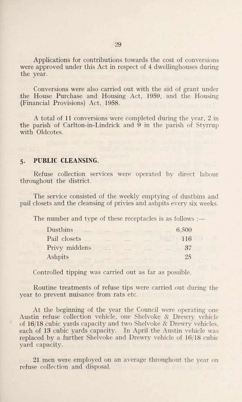 Applications for contributions towards the cost of conversions were approved under this Act in respect of 4 dwellinghouses during the year. Conversions were also carried out with the aid of grant under the House Purchase and Housing Act, 1959, and the Housing (Financial Provisions) Act, 1958. A total of 11 conversions were completed during the year, 2 in the parish of Carlton-in-Lindrick and 9 in the parish of Stvrrup with Oldcotes. 5. PUBLIC CLEANSING. Refuse collection services were operated by direct labour throughout the district. The service consisted of the weekly emptying of dustbins and pail closets and the cleansing of privies and ashpits every six weeks. The number and type of these receptacles is as follows :— Dustbins . 6,500 Pail closets 116 Privy middens . 37 Ashpits . 25 Controlled tipping was carried out as far as possible. Routine treatments of refuse tips were carried out during the year to prevent nuisance from rats etc. At the beginning of the year the Council were operating one Austin refuse collection vehicle, one Shelvoke & Drewry vehicle of 16/18 cubic yards capacity and two Shelvoke & Drewry vehicles, each of 13 cubic yards capacity. In April the Austin vehicle was replaced by a further Shelvoke and Drewry vehicle of 16/18 cubic yard capacity. 21 men were employed on an average throughout the year on refuse collection and disposal.