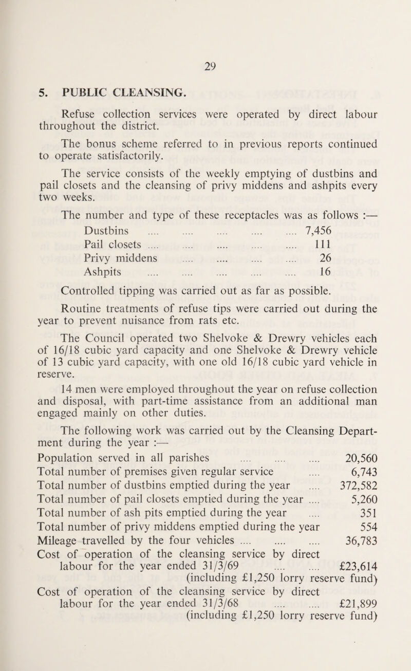 5. PUBLIC CLEANSING. Refuse collection services were operated by direct labour throughout the district. The bonus scheme referred to in previous reports continued to operate satisfactorily. The service consists of the weekly emptying of dustbins and pail closets and the cleansing of privy middens and ashpits every two weeks. The number and type of these receptacles was as follows :— Dustbins .7,456 Pail closets. Ill Privy middens . 26 Ashpits . 16 Controlled tipping was carried out as far as possible. Routine treatments of refuse tips were carried out during the year to prevent nuisance from rats etc. The Council operated two Shelvoke & Drewry vehicles each of 16/18 cubic yard capacity and one Shelvoke & Drewry vehicle of 13 cubic yard capacity, with one old 16/18 cubic yard vehicle in reserve. 14 men were employed throughout the year on refuse collection and disposal, with part-time assistance from an additional man engaged mainly on other duties. The following work was carried out by the Cleansing Depart¬ ment during the year :— Population served in all parishes . 20,560 Total number of premises given regular service .... 6,743 Total number of dustbins emptied during the year .... 372,582 Total number of pail closets emptied during the year .... 5,260 Total number of ash pits emptied during the year .... 351 Total number of privy middens emptied during the year 554 Mileage travelled by the four vehicles. 36,783 Cost of operation of the cleansing service by direct labour for the year ended 31/3/69 . £23,614 (including £1,250 lorry reserve fund) Cost of operation of the cleansing service by direct labour for the year ended 31/3/68 . £21,899 (including £1,250 lorry reserve fund)