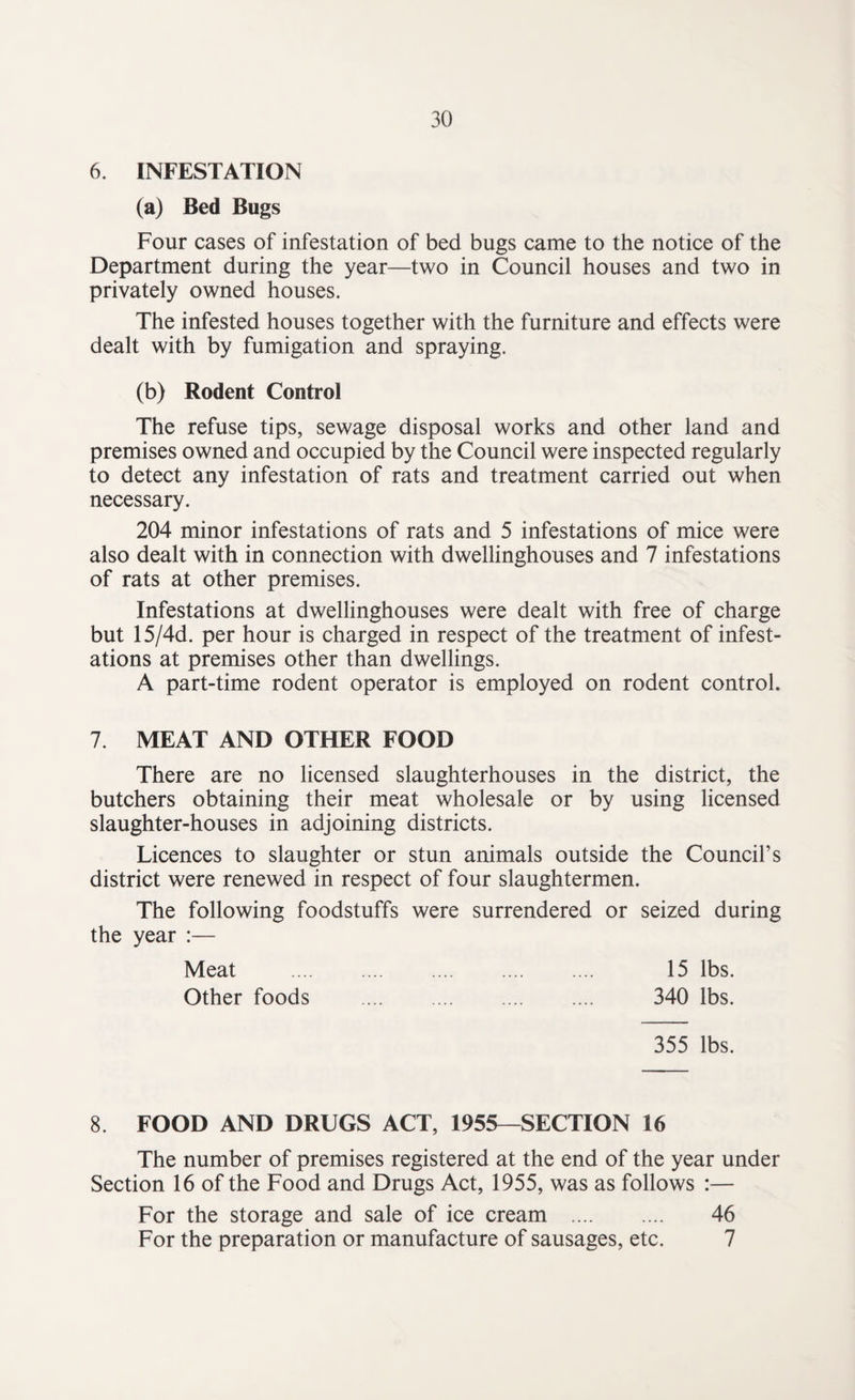 6. INFESTATION (a) Bed Bugs Four cases of infestation of bed bugs came to the notice of the Department during the year—two in Council houses and two in privately owned houses. The infested houses together with the furniture and effects were dealt with by fumigation and spraying. (b) Rodent Control The refuse tips, sewage disposal works and other land and premises owned and occupied by the Council were inspected regularly to detect any infestation of rats and treatment carried out when necessary. 204 minor infestations of rats and 5 infestations of mice were also dealt with in connection with dwellinghouses and 7 infestations of rats at other premises. Infestations at dwellinghouses were dealt with free of charge but 15/4d. per hour is charged in respect of the treatment of infest¬ ations at premises other than dwellings. A part-time rodent operator is employed on rodent control. 7. MEAT AND OTHER FOOD There are no licensed slaughterhouses in the district, the butchers obtaining their meat wholesale or by using licensed slaughter-houses in adjoining districts. Licences to slaughter or stun animals outside the Council’s district were renewed in respect of four slaughtermen. The following foodstuffs were surrendered or seized during the year :— Meat . 15 lbs. Other foods . 340 lbs. 355 lbs. 8. FOOD AND DRUGS ACT, 1955—SECTION 16 The number of premises registered at the end of the year under Section 16 of the Food and Drugs Act, 1955, was as follows :— For the storage and sale of ice cream . 46 For the preparation or manufacture of sausages, etc. 7