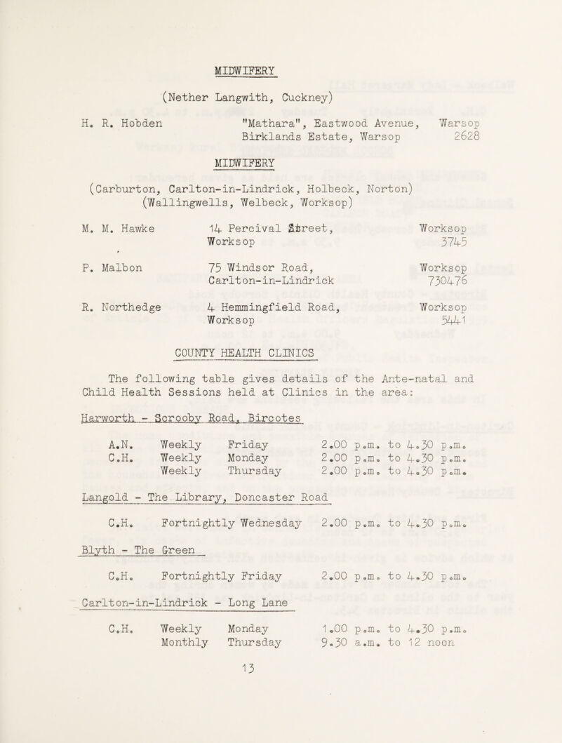 MIDWIFERY (Nether Langwith, Cuckney) H. R, Hohden ’’Mathara”, Eastwood Avenue^ Warsop Birklands Estate^ Warsop 2628 MIDWIFERY (Carburton, Carlton-in-Lindrick, Holbeck, Norton) (Wallingwells, Welbeck^ Worksop) M. M. Hawke 14 Percival Street^ Worksop 0 Worksop 3745 P. Malbon 75 Windsor Road, Carlton-in-Lindrick Worksop 730476 R. Northedge 4 Hemmingfield Road, Worksop Worksop 5441 COUNTY HEALTH CLINICS The following table gives details of the Ante-natal and Child Health Sessions held at Clinics in the area: Harworth - Scrooby Road. Bircotes A.N. Weekly Friday C.H. Weekly Monday Weekly Thursday 2,00 p«m, 2.00 p.mo 2.00 p.nio to 4o30 poiiie to 4e30 p.m, to 4o30 poiTi* Langold - The Library, Doncaster Road C.H. Fortnightly Wednesday 2.00 p.nio to A-*30 poiiio Blyth - The Green C.H. Fortnightly Friday Carlton-in-Lindrick - Long Lane C.H. Weekly Monday Monthly Thursday 2.00 p.m. to 4^30 poin. 1.00 p.m. 9*30 a.m. to 4*30 p.nio to 12 noon