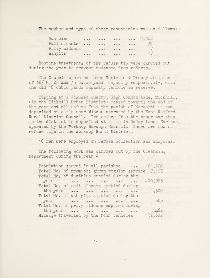 The number and type of these receptacles was as follows: Dustbins Pail closets Privy middens Ashpits Routine treatments of the refuse tip were carried out during the year to prevent nuisance from rodentso The Council operated three Shelvoke Sc Drewry vehicles of 16/18, 2h and 35 cubic yards capacity respectively, with one old I8 cubic yards capacity vehicle in reserve. Tipping at a disused quarry. High Common Lane, Tickhill, (in the Tickhill Urban District) ceased towards the end of the year and all refuse from the parish of Harworth is now deposited at a tip near Misson operated by the East Retford Rural District Council, The refuse from the other parishes in the district is deposited at a tip in Owday Lane, Carlton operated by the Worksop Borough Council. There are now no refuse tips in the Worksop Rural District, 16 men were employed on refuse collection and disposal, The following work was carried out by the Cleansing Department during the year:- Population served in all parishes 21,620 Total No. of premises given regular service 7$'^97 Total Nb. of dustbins emptied during the ooe 900 year Total No, of pail closets emptied during the year o,, ««, ©o® o,. Total No. of ash pits emptied during the O Si 000 009 OOO 000 OW-0 Total No© of privy middens emptied during th.e ^^ear •«» ,,, ©o© Mileage travelled by the four vehicles 400,925 1,300 385 ' .422 32,602