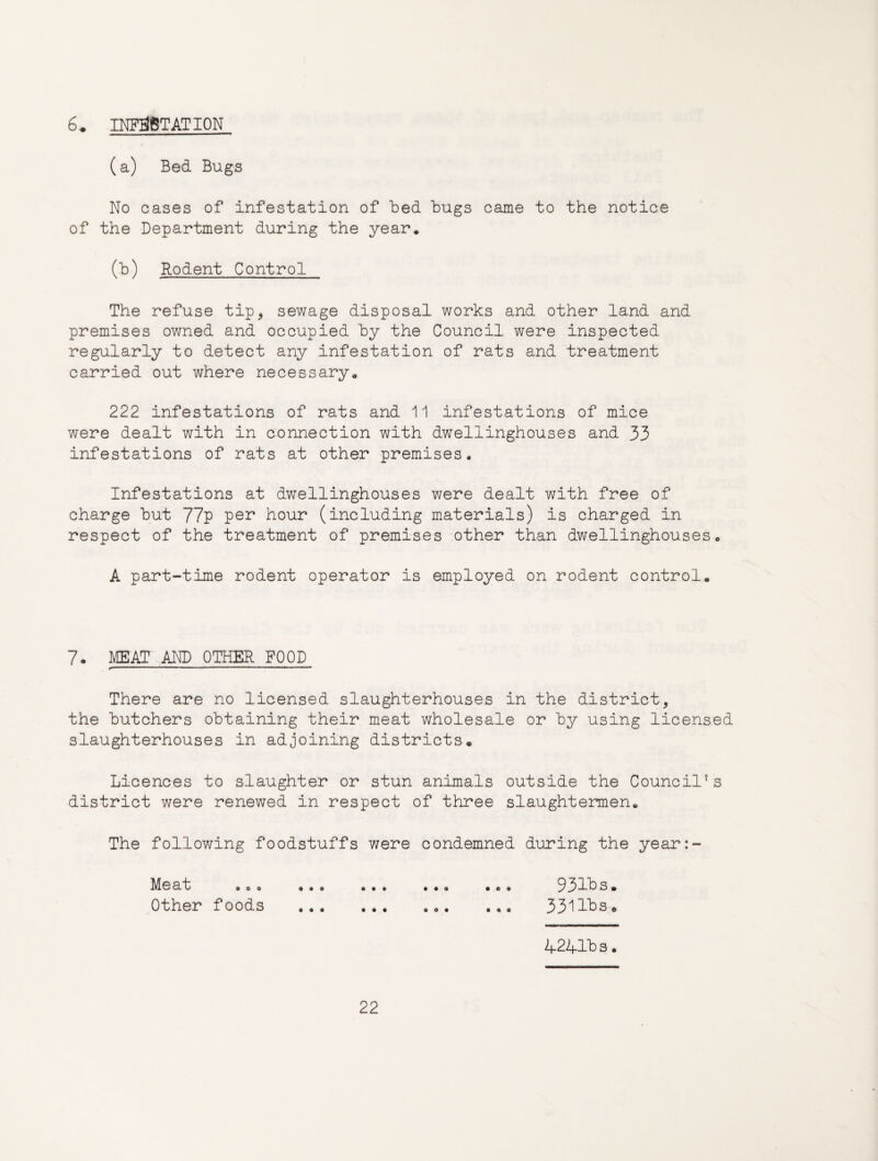 6. INPSBTATION (a) Bed Bugs No cases of infestation of ted bugs came to the notice of the Department during the year. (b) Rodent Control The refuse tip, sewage disposal works and other land and premises owned and occupied by the Council were inspected regularly to detect any infestation of rats and treatment carried out where necessary. 222 infestations of rats and 11 infestations of mice were dealt with in connection with dwellinghouses and 33 infestations of rats at other premises. Infestations at dwellinghouses were dealt with free of charge but 77p pe^ hour (including materials) is charged in respect of the treatment of premises other than dwellinghouses. A part-time rodent operator is employed on rodent control. 7. MEAT AND OTHER FOOD ^1 m mmmr - - , ■ - - n - r ^ There are no licensed slaughterhouses in the district, the butchers obtaining their meat wholesale or by using licensed slaughterhouses in adjoining districts. Licences to slaughter or stun animals outside the Council’s district were renewed in respect of three slaughtermen. The following foodstuffs were condemned during the year: ^/[eat *«• Other foods 931bs. 331lbs. l-241b s.