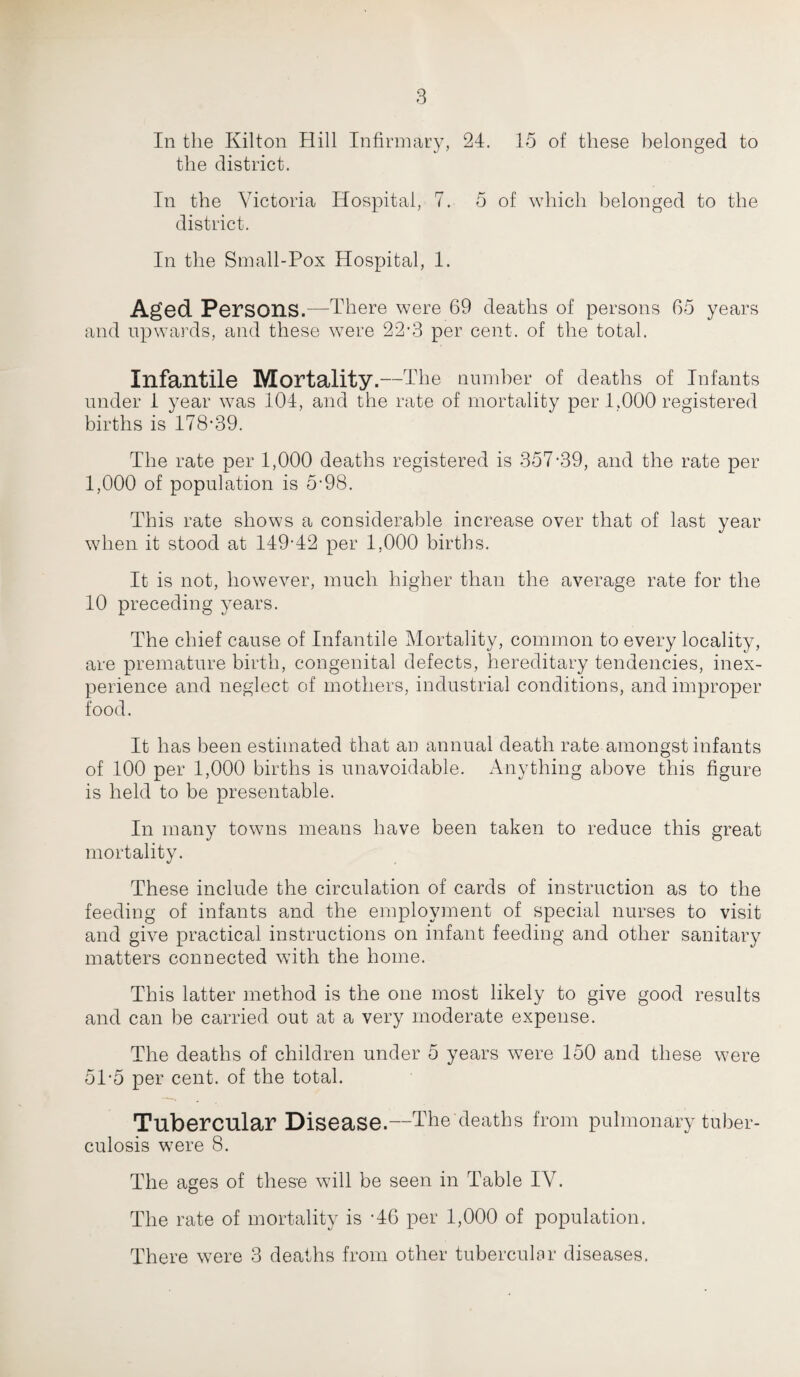 In the Kilton Hill Infirmary, 24. 15 of these belonged to the district. In the Victoria Hospital, 7. 5 of which belonged to the district. In the Small-Pox Hospital, 1. Aged Persons.—There were 69 deaths of persons 65 years and upwards, and these were 22-3 per cent, of the total. Infantile Mortality- -The number of deaths of Infants under 1 year was 104, and the rate of mortality per 1.000 registered births is 178-39. The rate per 1,000 deaths registered is 357-39, and the rate per 1,000 of population is 5-98. This rate shows a considerable increase over that of last year when it stood at 149-42 per 1,000 births. It is not, however, much higher than the average rate for the 10 preceding years. The chief cause of Infantile Mortality, common to every locality, are premature birth, congenital defects, hereditary tendencies, inex¬ perience and neglect of mothers, industrial conditions, and improper food. It has been estimated that an annual death rate amongst infants of 100 per 1,000 births is unavoidable. Anything above this figure is held to be presentable. In many towns means have been taken to reduce this great mortality. These include the circulation of cards of instruction as to the feeding of infants and the employment of special nurses to visit and give practical instructions on infant feeding and other sanitary matters connected with the home. This latter method is the one most likely to give good results and can be carried out at a very moderate expense. The deaths of children under 5 years were 150 and these were 5P5 per cent, of the total. Tubercular Disease.--The deaths from pulmonary tuber¬ culosis were 8. The ages of these will be seen in Table IV. The rate of mortality is -46 per 1,000 of population. There were 3 deaths from other tubercular diseases.