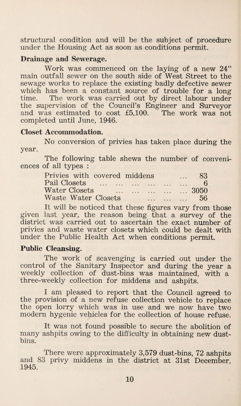 structural condition and will be the subject of procedure under the Housing Act as soon as conditions permit. Drainage and Sewerage. Work was commenced on the laying of a new 24” main outfall sewer on the south side of West Street to the sewage works to replace the existing badly defective sewer which has been a constant source of trouble for a long time. The work was carried out by direct labour under the supervision of the Councihs Engineer and Surveyor and was estimated to cost £5,100. The work was not completed until June, 1946. Closet Accommodation. No conversion of privies has taken place during the year. The following table shews the number of conveni¬ ences of all types : Privies with covered middens ... 83 Pail Closets . 6 Water Closets . 3050 Waste Water Closets 56 It will be noticed that these figures vary from those given last year, the reason being that a survey of the district was carried out to ascertain the exact number of privies and waste water closets which could be dealt with under the Public Health Act when conditions permit. Public Cleansing, The work of scavenging is carried out under the control of the Sanitary Inspector and during the year a weekly collection of dust-bins was maintained, with a three-weekly collection for middens and ashpits. I am pleased to report that the Council agreed to the provision of a new refuse collection vehicle to replace the open lorry which was in use and we now have two modern hygenic vehicles for the collection of house refuse. It was not found possible to secure the abolition of many ashpits owing to the difficulty in obtaining new dust¬ bins. There were approximately 3,579 dust-bins, 72 ashpits and 83 privy middens in the district at 31st December, 1945.