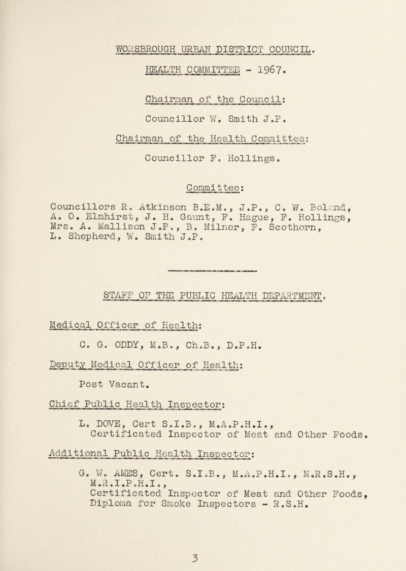 HEALTH COMMITTEE - 1967. Chairman of the Council: Councillor W« Smith JeP. Chairman of the Health Committee; Councillor Fe Hollings* Committee; urn ,«i. n-rru* Councillors R* Atkinson B.EeM,, JePM Co Wo Boland, Ao 0. Elmhirst, J* H* Gaunt, F* Hague, F. Hollings, Mrs* Ac Mallison J0P« , B* Milner, P, Scothorn, L. Shepherd., W. Smith J0Pe STAFF OF THE PUBLIC HEALTH DEPARTMENT Medical Officer of Health; Co Go ODDY, MoBo, Ch0B*, DcPcH. Deputy Medical Officer of Health: Post Vacant* Chief Public Health Inspector; L* DOVE, Cert S.I.B., M.A*PoH*Io, Certificated Inspector of Meat and Other Foods* Additional Public Health Inspector; Go Wo AMES, Cert* S.LB., M.A.P.H.I„, M.R.S.H., MoRoIoPoHoI o , Certificated Inspector of Meat and Other Foods, Diploma for Smoke Inspectors - R*S*H.