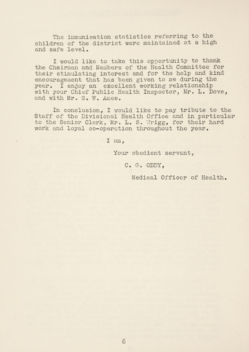 The immunisation statistics referring to the children of the district were maintained at a high and safe level, I would like to take this opportunity to thank the Chairman and Members of the Health Committee for their stimulating interest and for the help and kind encouragement that has been given to me during the year. I engoy an excellent working relationship with your Chief Public Health Inspector, Mr. L. Dove, and with Mr. G. W. Ames. In conclusion, I would like to pay tribute to the Staff of the Divisional Health Office and in particular to the Senior Clerk, Mr. L. So Wrigg, for their hard work and loyal co-operation throughout the year. I am, Your obedient servant, C. Go ODDY, Medical Officer of Health.