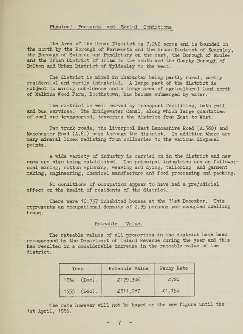 Physical Features and Social Conditions The Area of the Urban District is 7<>242 acres and is bounded on the north by the Borough of Farnworth and the Urban District of Kearsley, the Borough of Swinton and Pendlebury on the east, the Borough of Eccles and the Urban District of Irlam to the south and the County Borough of Bolton and Urban District of Tyidesley to the west. The district is mixed in character being partly rural, partly residential and partly industrialc A large part of the district is subject to mining subsidence and a large area of agricultural land north of Malkins Wood Farm, Boothstown, has become submerged by water. The district is well served by transport facilities, both rail and bus services. The Bridgewater Canal, along which large quantities of coal are transported, traverses the district fran East to West. Two trunk roads, the Liverpool East Lancashire Road (A.380) and Manchester Road (A.6.) pass through the district. In addition there are many mineral lines radiating from collieries to the various disposal points. A wide variety of industry is carried on in the district and new ones are also being established. The principal industries are as follows:- coal mining, cotton spinning, weaving and dying, tailoring and garment making, engineering, chemical manufacture and food processing and packing. No conditions of occupation appear to have had a prejudicial effect on the health of residents of the district. There were 10,737 inhabited houses at the 31st December. This represents an occupational density of 2.93 persons per occupied dwelling house. Rateable Value. The rateable values of all properties in the district have been re-assessed by the Department of Inland Revenue during the year and this has resulted in a considerable increase in the rateable value of the district. Year Rateable Value Penny Rate 1954 (Dec). £179,306 £720 1953 (Dec). £311,087 £1,130 The rate however will not be based on the new figure until the 1st April, 1956.