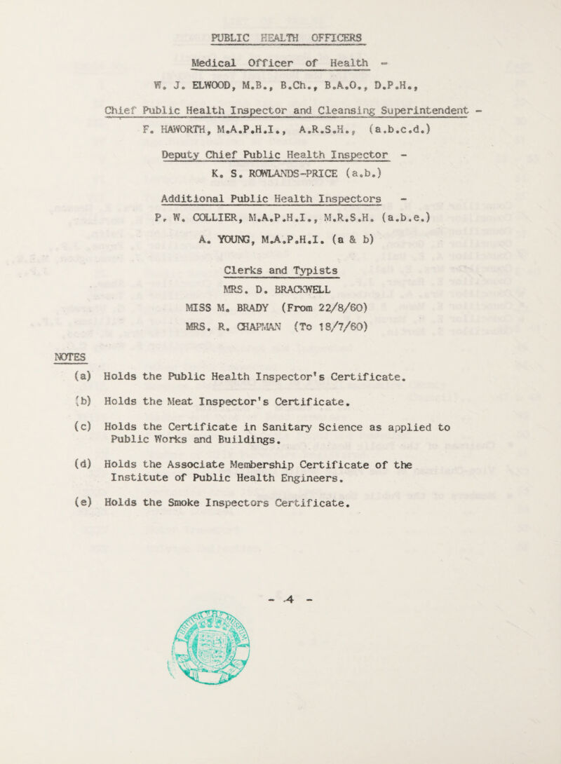 PUBLIC HEALTH OFFICERS Medical Officer of Health Chief Public Health Inspector and Cleansing Superintendent -• Deputy Chief Public Health Inspector - K. S* ROWLANDS-PRICE (a.b.) Additional Public Health Inspectors W. COLLIER, M.A.P.H.I., M.R.S.H. (a.b A. YOUNG, M.A.P.H.I. (a & b) Clerks and Typists MRS. D. BRACKWELL MISS Mu BRADY (From 22/8/60) MRS. R. CHAPMAN (To 18/7/60) NOTES (a) Holds the Public Health Inspector’s Certificate. (b) Holds the Meat Inspector’s Certificate. (c) Holds the Certificate in Sanitary Science as applied to Public Works and Buildings. (d) Holds the Associate Membership Certificate of the Institute of Public Health Engineers. (e) Holds the Sraoke Inspectors Certificate.