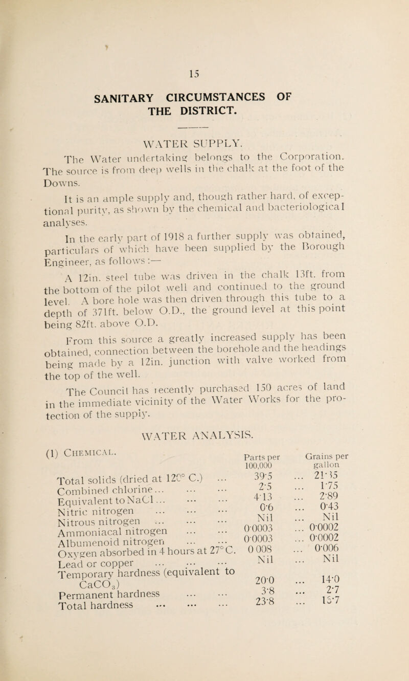 SANITARY CIRCUMSTANCES OF THE DISTRICT. WATER SUPPLY. The Water undertaking belongs to the Corporation. The source is from deep wells in the chalk at the foot of the Downs. It is an ample supply and, though rather hard, of excep¬ tional purity, as shown by the chemical and bacteriological analyses. In the early part of 1918 a further supply was obtained, particulars of which have been supplied by the Borough Engineer, as follows : A 12in. steel tube was driven in the chalk 13ft. from the bottom of the pilot well and continued to the ground level. A bore hole was then driven through this tube to a depth of 371ft. below O.D., the ground level at this point being 82ft. above O.D. From this source a greatly increased supply has been obtained connection between the borehole and the headings being made by a 12m. junction with valve worked from the top of the well. The Council has recently purchased 150 acres of land in the immediate vicinity of the Water Works for the pro¬ tection of the supply. WATER ANALYSIS. (1) Chemical. Parts per 100,000 Grains per gallon Total solids (dried at 120° C.) Combined chlorine... . Equivalent toNaCl... Nitric nitrogen . Nitrous nitrogen Ammoniacal nitrogen Albumenoid nitrogen ... Oxygen absorbed in 4 hours at 2/ C. Lead or copper ... ••• Temporary hardness (equivalent to ’ 0-0002 . 0-0002 2L15 1*75 2-89 043 Nil 0-0003 00003 0 008 Nil 0-006 Nil CaC03) Permanent hardness Total hardness 20-0 3-8 23-8