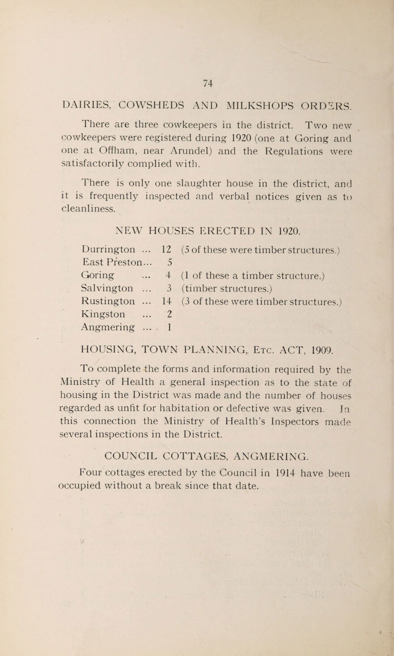 DAIRIES, COWSHEDS AND MILKSHOPS ORDERS. There are three cowkeepers in the district. Two new cowkeepers were registered during 1920 (one at Goring and one at Offham, near Arundel) and the Regulations were satisfactorily complied with. There is only one slaughter house in the district, and it is frequently inspected and verbal notices given as to cleanliness. NEW HOUSES ERECTED IN 1920. Durrington ... East Preston... Goring Salvington ... Rustington ... Kingston Angmering ... 12 (5 of these were timber structures.) 5 4 (1 of these a timber structure.) 3 (timber structures.) 14 (3 of these were timber structures.) 2 1 HOUSING, TOWN PLANNING, Etc. ACT, 1909. To complete the forms and information required by the Ministry of Health a general inspection as to the state of housing in the District was made and the number of houses regarded as unfit for habitation or defective was given. In this connection the Ministry of Health’s Inspectors made several inspections in the District. COUNCIL COTTAGES, ANGMERING. Four cottages erected by the Council in 1914 have been occupied without a break since that date.