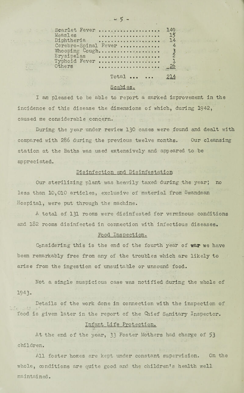 Scarlet Fever ... .. .. Measles .. Diphtheria ... . . .. Cerebro-Spinal Fever Whooping Cough. Erysipelas .. Typhoid Fever.. . Others ... • <*»••••« • • • ••00 c 0 « • O O o c • • • • o • • • • •. 149 15 14 ,, 4 Total ... ... 214 ,>• . , ’ “ • I • 1 ■ ' 1 Scab!es. I am pleased to be able to report a marked improvement in the incidence of this disease the dimensions of which, during 1942, caused me considerable concern. During the year under review 130 cases were found and dealt with compared with 286 during the previous twelve months. Our cleansing station at the Baths was used extensively and appeared to be appreciated. - Disinfection and Disinfestation Our sterilizing plant was heavily taxed during the year; no less than 10,010 articles, exclusive of material from S^andean Hospital, were put through the machine. A total of 131 rooms were disinfested for verminous- conditions and 182 rooms disinfected in connection with infectious diseases. Food Inspection. Considering this is the end of the fourth year of war we have been remarkably free from any of the troubles which are likely to arise from the ingestion of unsuitable or unsound food. S’. Hot a single suspicious case was notified during the whole of 1943. Details of the work done in connection with the inspection of food is given later in the report of the Chief Sanitary Inspector. ' • 1 • • * ■ ” • V • Infant Life Protection. r .r-'.y  ■* ** At the end of the y/ear, 33 Foster Mothers had charge of 53 children. All foster homes are kept under constant supervision. On the whole, conditions are quite good and the children's health well maintained.