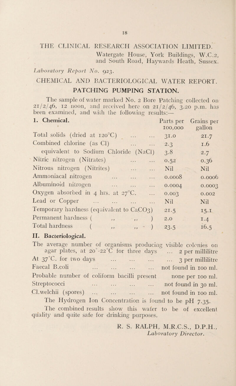 THE CLINICAL RESEARCH ASSOCIATION LIMITED. Watergate House, York Buildings, W.C.2, and South Road, Haywards Heath, Sussex. Laboratory Report No. 923. CHEMICAL AND BACTERIOLOGICAL WATER REPORT. PATCHING PUMPING STATION. The sample of water marked No. 2 Bore Patching collected on 21/2/46, 12 noon, and received here on 21/2/46, 3.20 p.m. has been examined, and with the following results:— 1. Chemical. Parts per Grains per 100,000 gallon Total solids (dried at i20°C) 31.0 21.7 Combined chlorine (as Cl) 2-3 1.6 equivalent to Sodium Chloride (NaCl) 3-8 2-7 Nitric nitrogen (Nitrates) 0.52 0.36 Nitrous nitrogen (Nitrites) Nil Nil Ammoniacal nitrogen 0.0008 0.0006 Albuminoid nitrogen 0.0004 0.0003 Oxygen absorbed in 4 hrs. at 27°C. 0.003 0.002 Lead or Copper Nil Nil Temporary hardness (equivalent to CaCOg) 21.5 15.1 Permanent hardness ( ,, ,, ) 2.0 M Total hardness ( ,, ,, • ) 23.5 16.5 II. Bacteriological. The average number of organisms producin g visible colonies on agar plates, at 20 -22°C for three days 2 per millilitre At 37°C. for two days ... 3 per millilitre Faecal B.coli not found in 100 ml. Probable number of coliform bacilli present none per 100 ml. Streptococci not found in 30 ml. CLwelchii (spores) not found in 100 ml. The Hydrogen Ion Concentration is found to be pH 7.35. The combined results show this wafer to be of excellent quality and quite safe for drinking purposes. R. S. RALPH, M.R.C.S., D.P.H., Laboratory Director.